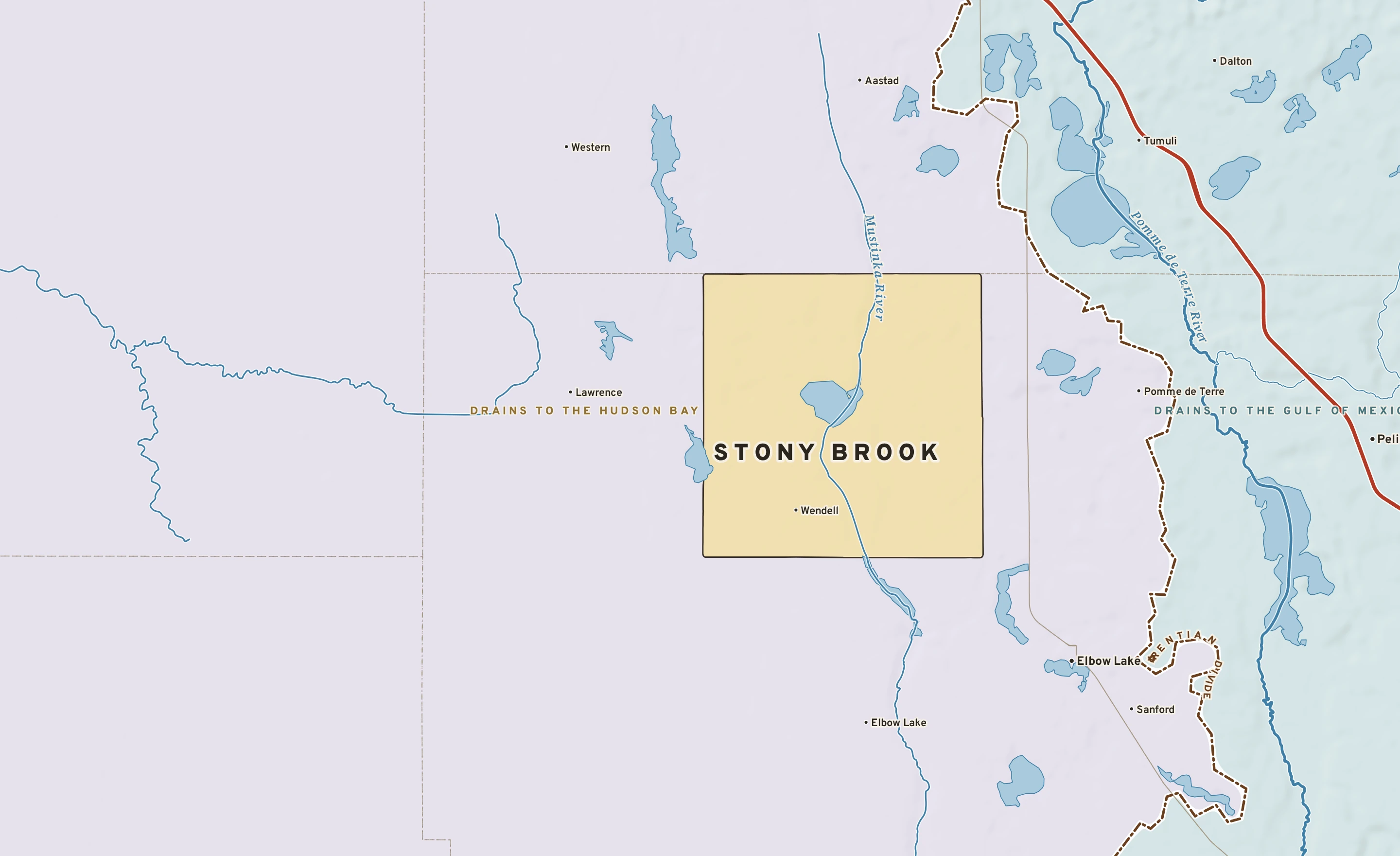 Shaded-relief atlas plate of Stony Brook, Minnesota: rivers, roads, the city limits and where the water drains.