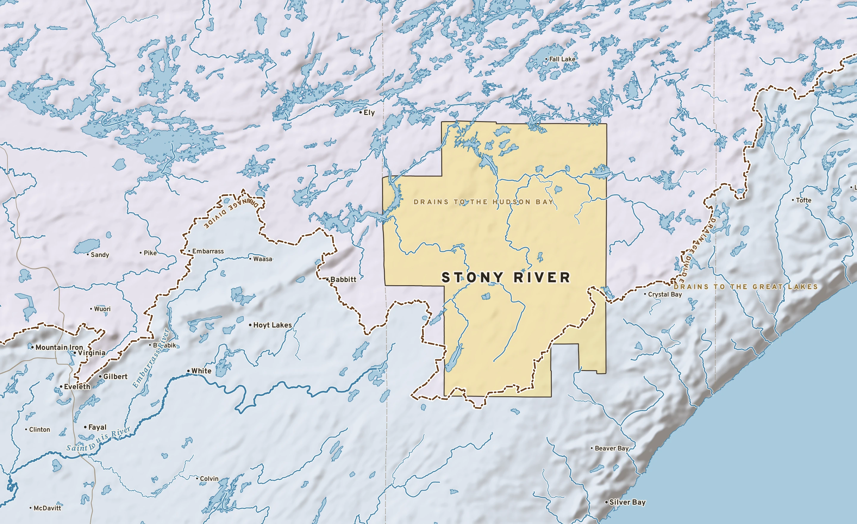 Shaded-relief atlas plate of Stony River, Minnesota: rivers, roads, the city limits and where the water drains.