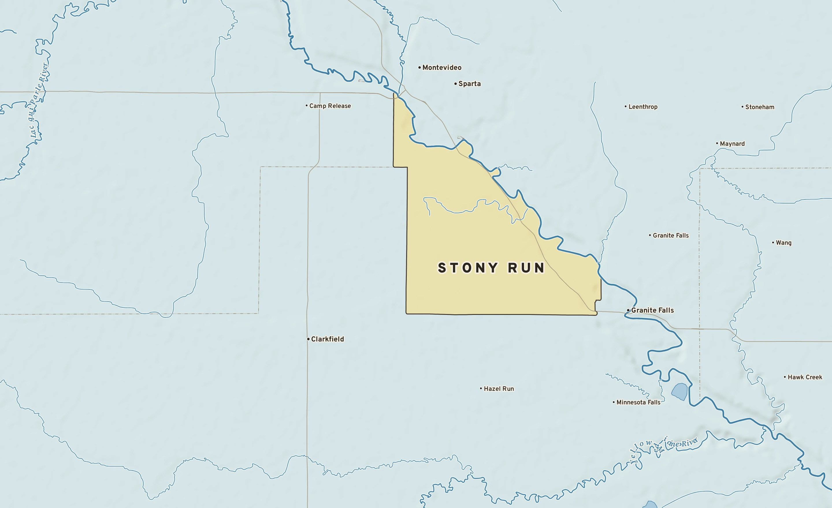 Shaded-relief atlas plate of Stony Run, Minnesota: rivers, roads, the city limits and where the water drains.