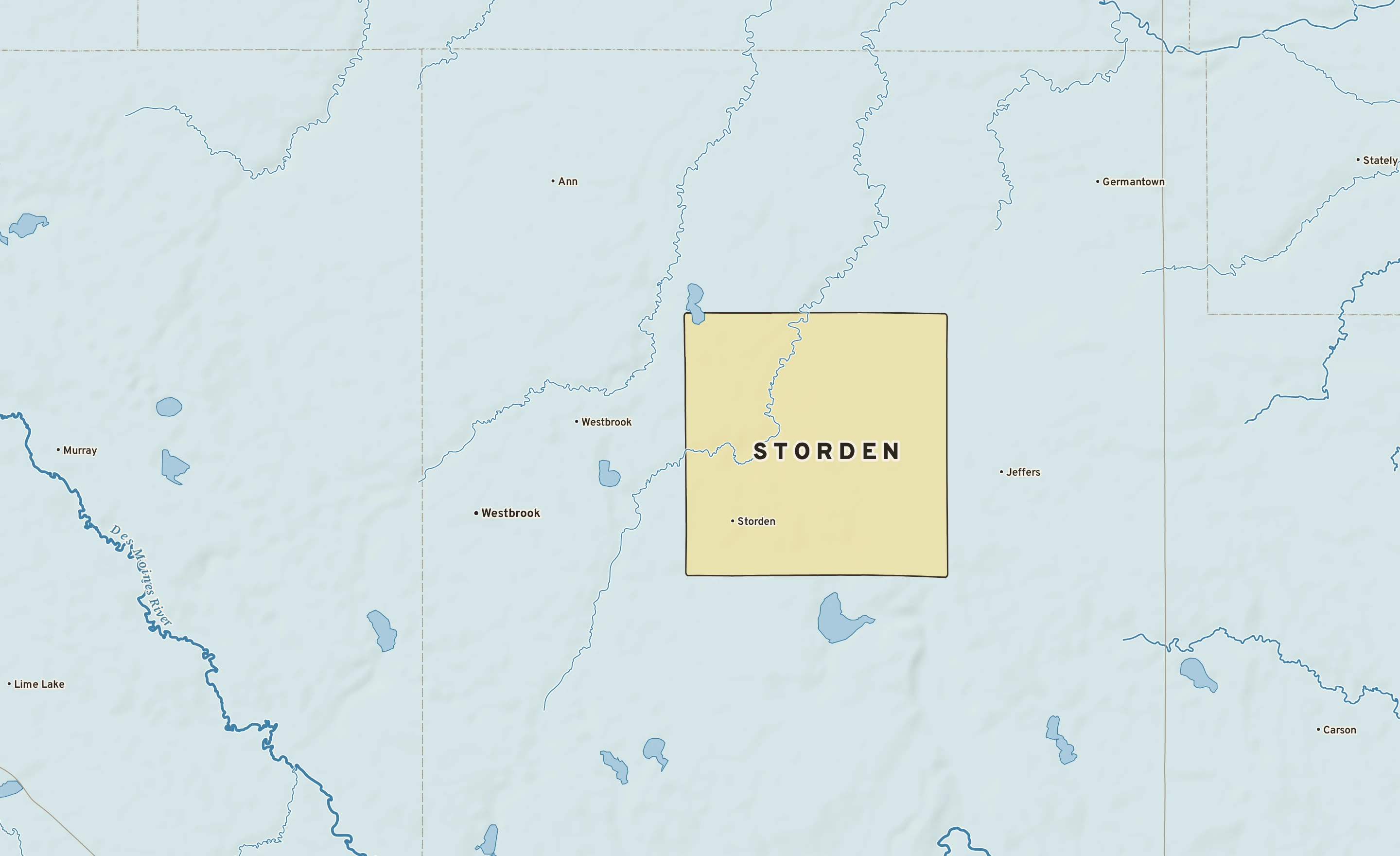 Shaded-relief atlas plate of Storden, Minnesota: rivers, roads, the city limits and where the water drains.