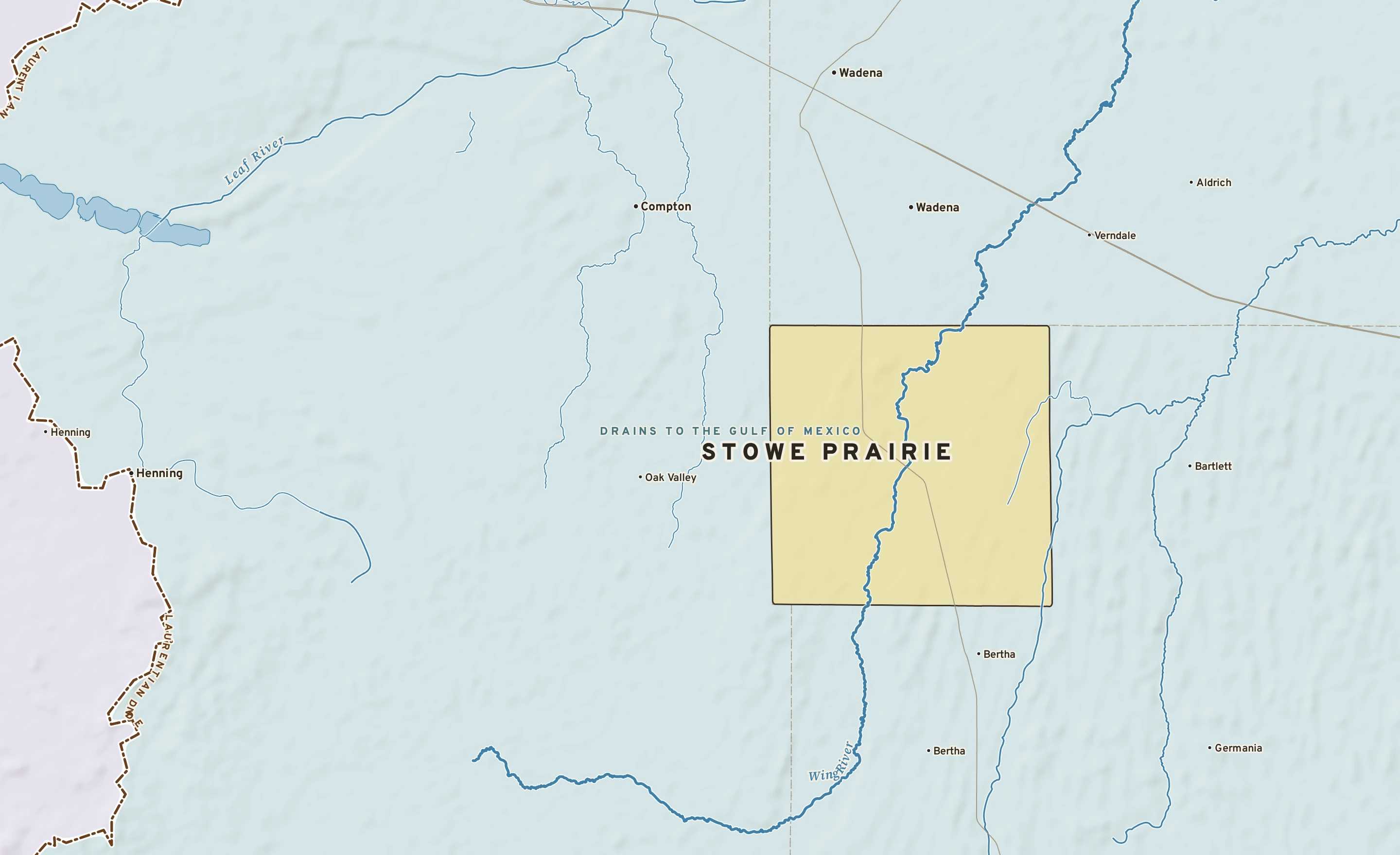 Shaded-relief atlas plate of Stowe Prairie, Minnesota: rivers, roads, the city limits and where the water drains.