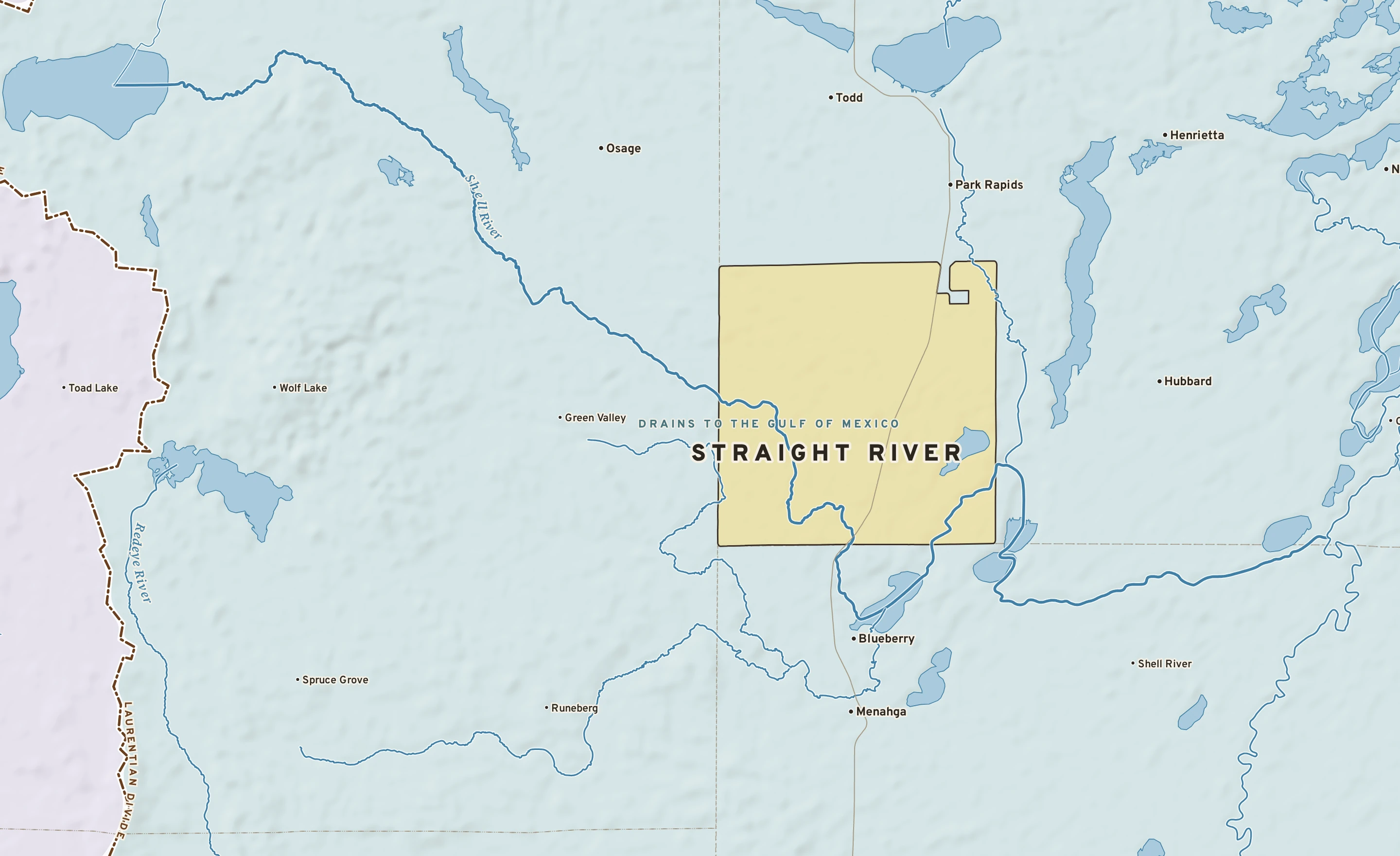 Shaded-relief atlas plate of Straight River, Minnesota: rivers, roads, the city limits and where the water drains.