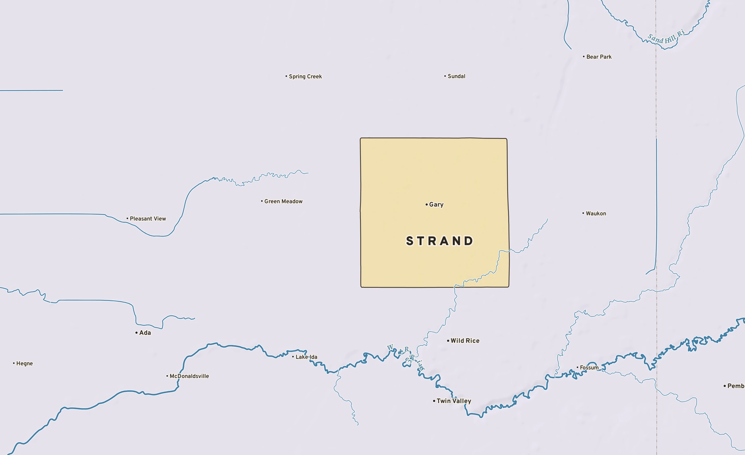 Shaded-relief atlas plate of Strand, Minnesota: rivers, roads, the city limits and where the water drains.