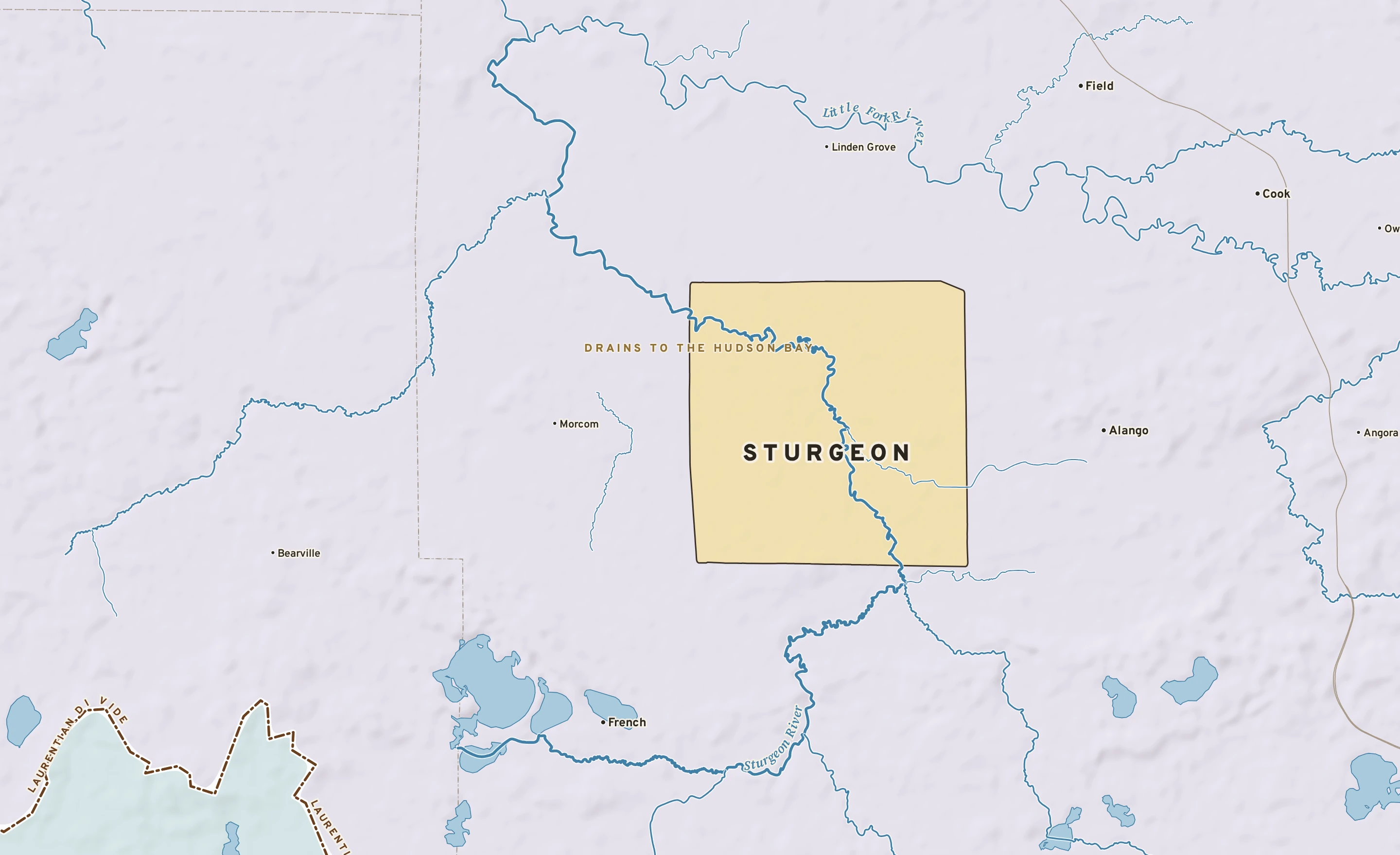 Shaded-relief atlas plate of Sturgeon, Minnesota: rivers, roads, the city limits and where the water drains.