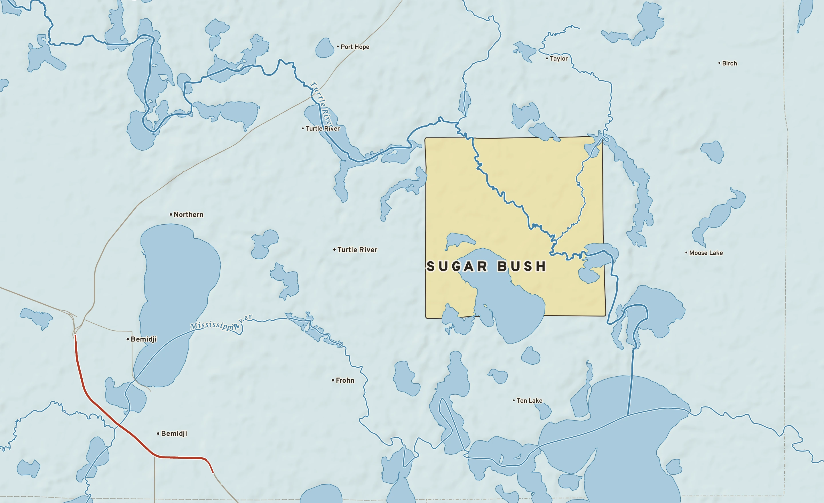 Shaded-relief atlas plate of Sugar Bush, Minnesota: rivers, roads, the city limits and where the water drains.