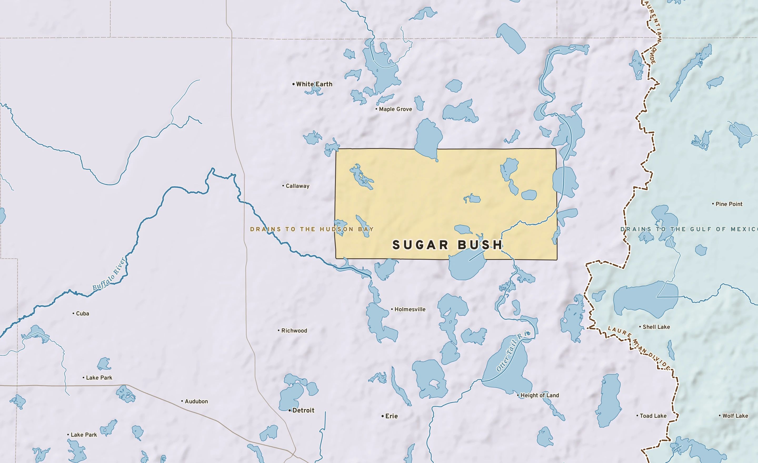 Shaded-relief atlas plate of Sugar Bush, Minnesota: rivers, roads, the city limits and where the water drains.