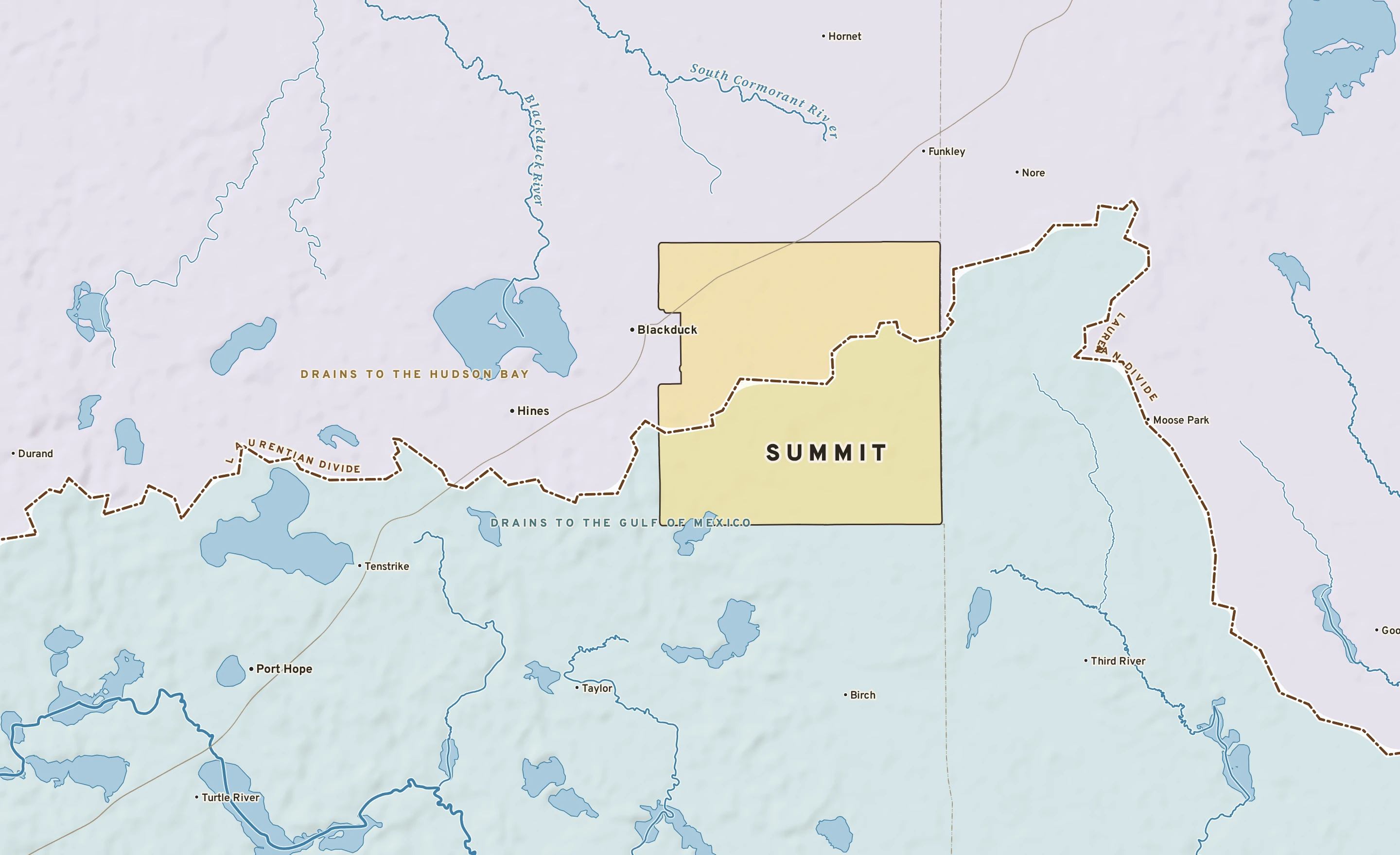Shaded-relief atlas plate of Summit, Minnesota: rivers, roads, the city limits and where the water drains.