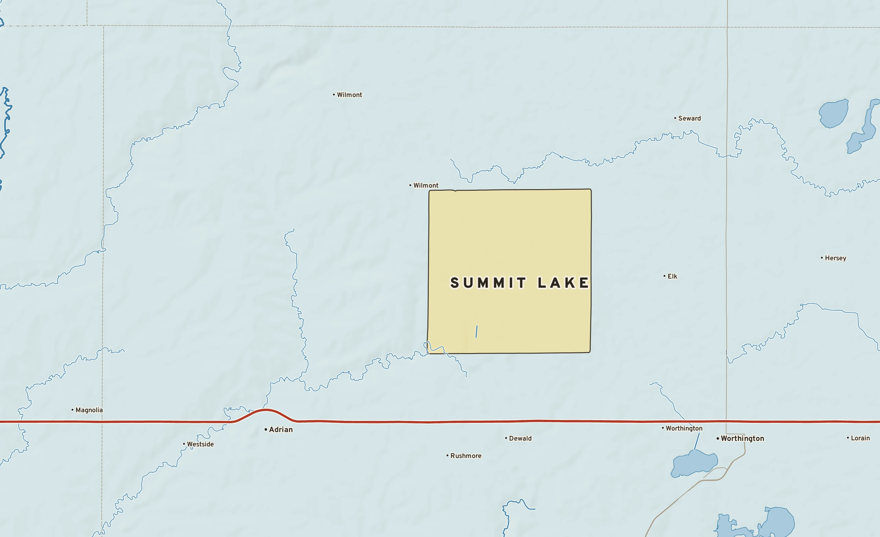 Shaded-relief atlas plate of Summit Lake, Minnesota: rivers, roads, the city limits and where the water drains.