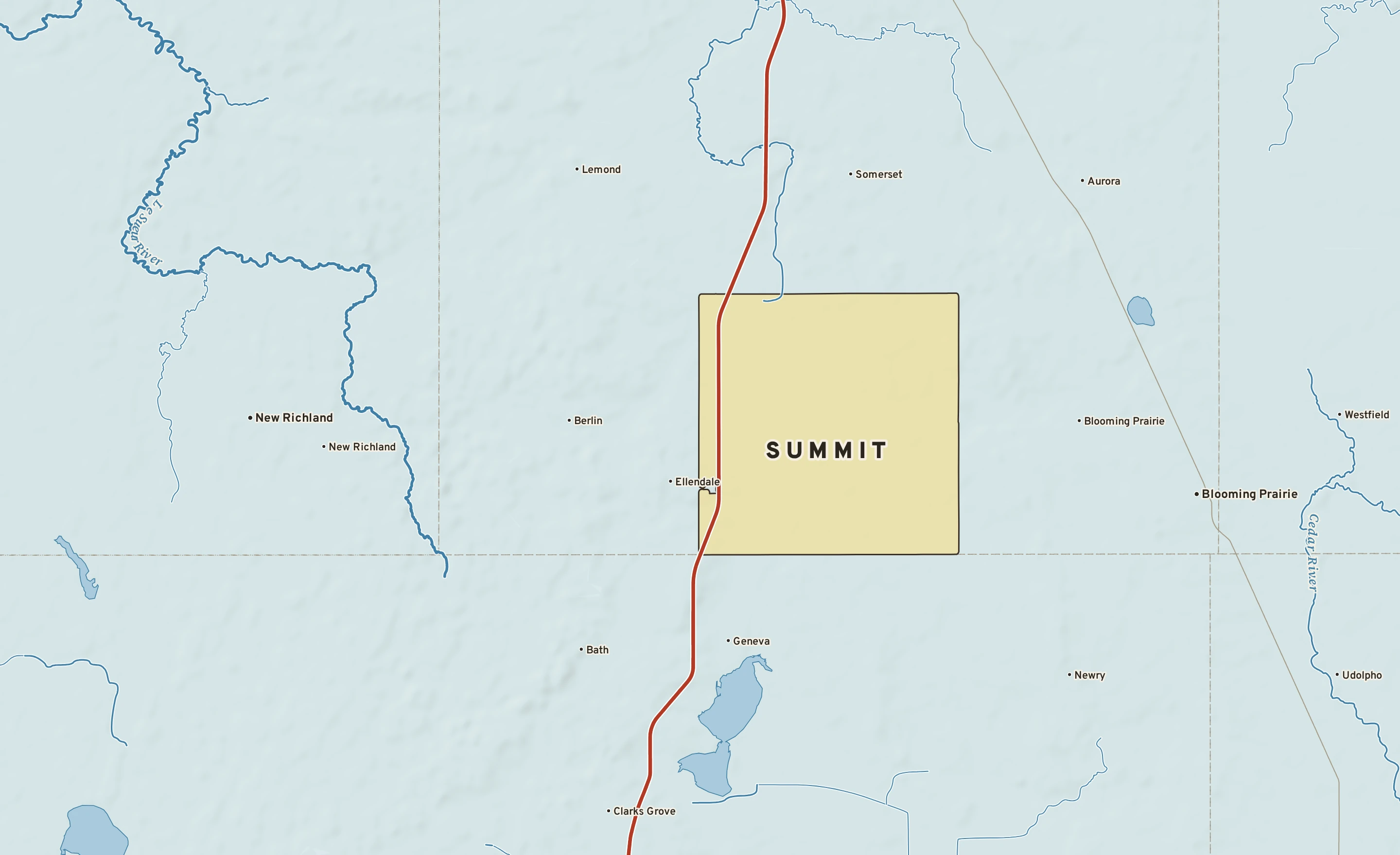 Shaded-relief atlas plate of Summit, Minnesota: rivers, roads, the city limits and where the water drains.