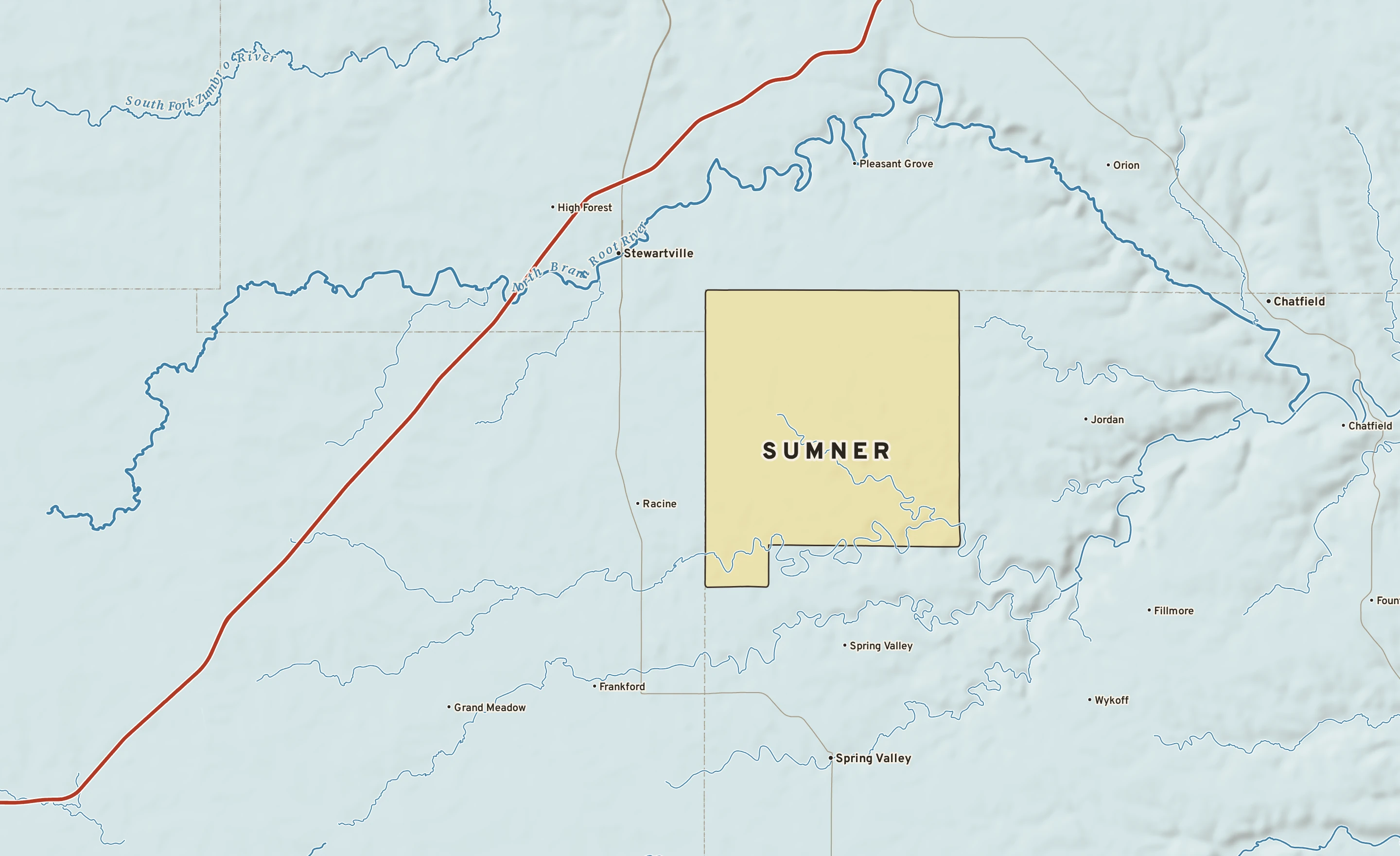 Shaded-relief atlas plate of Sumner, Minnesota: rivers, roads, the city limits and where the water drains.