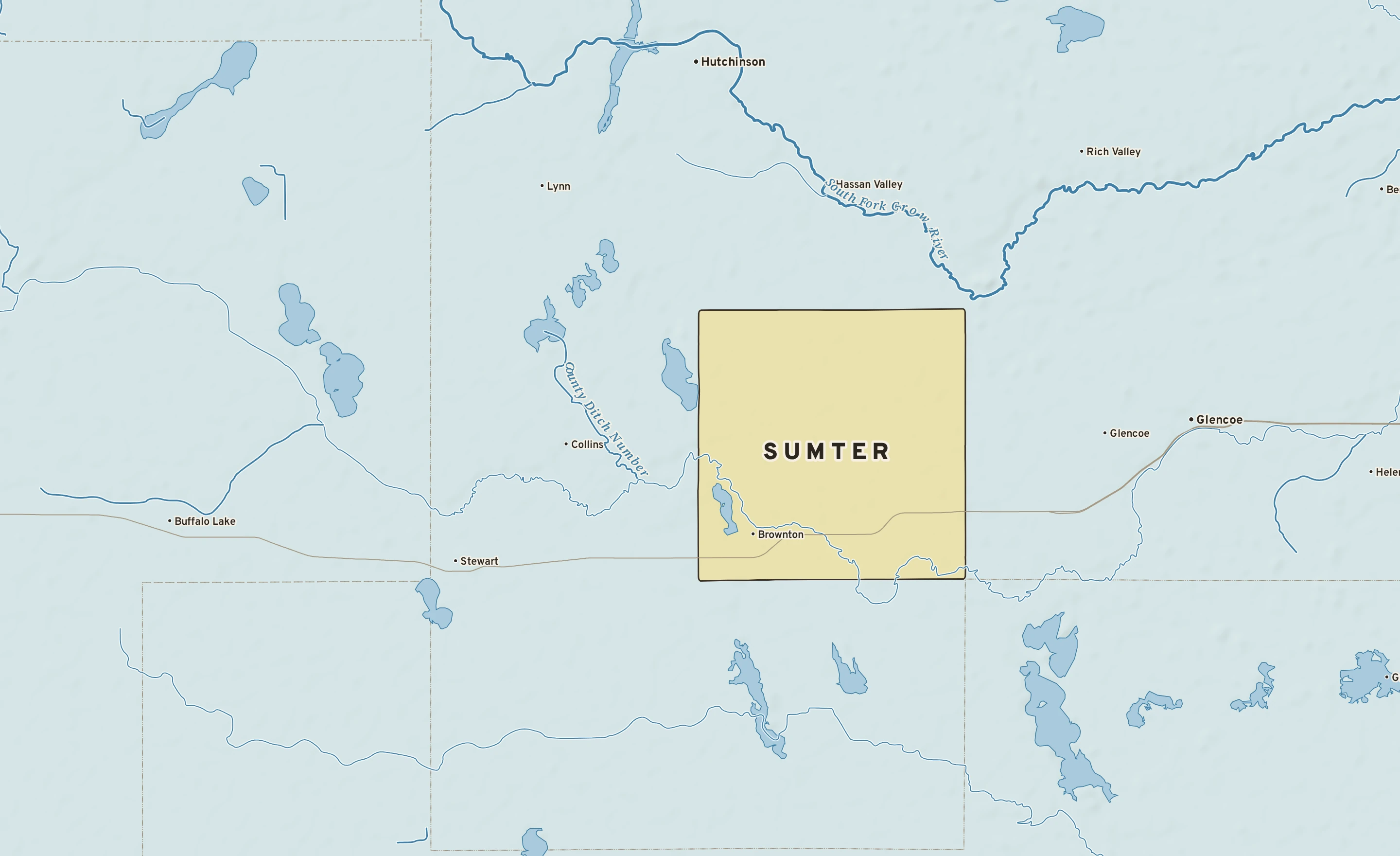Shaded-relief atlas plate of Sumter, Minnesota: rivers, roads, the city limits and where the water drains.