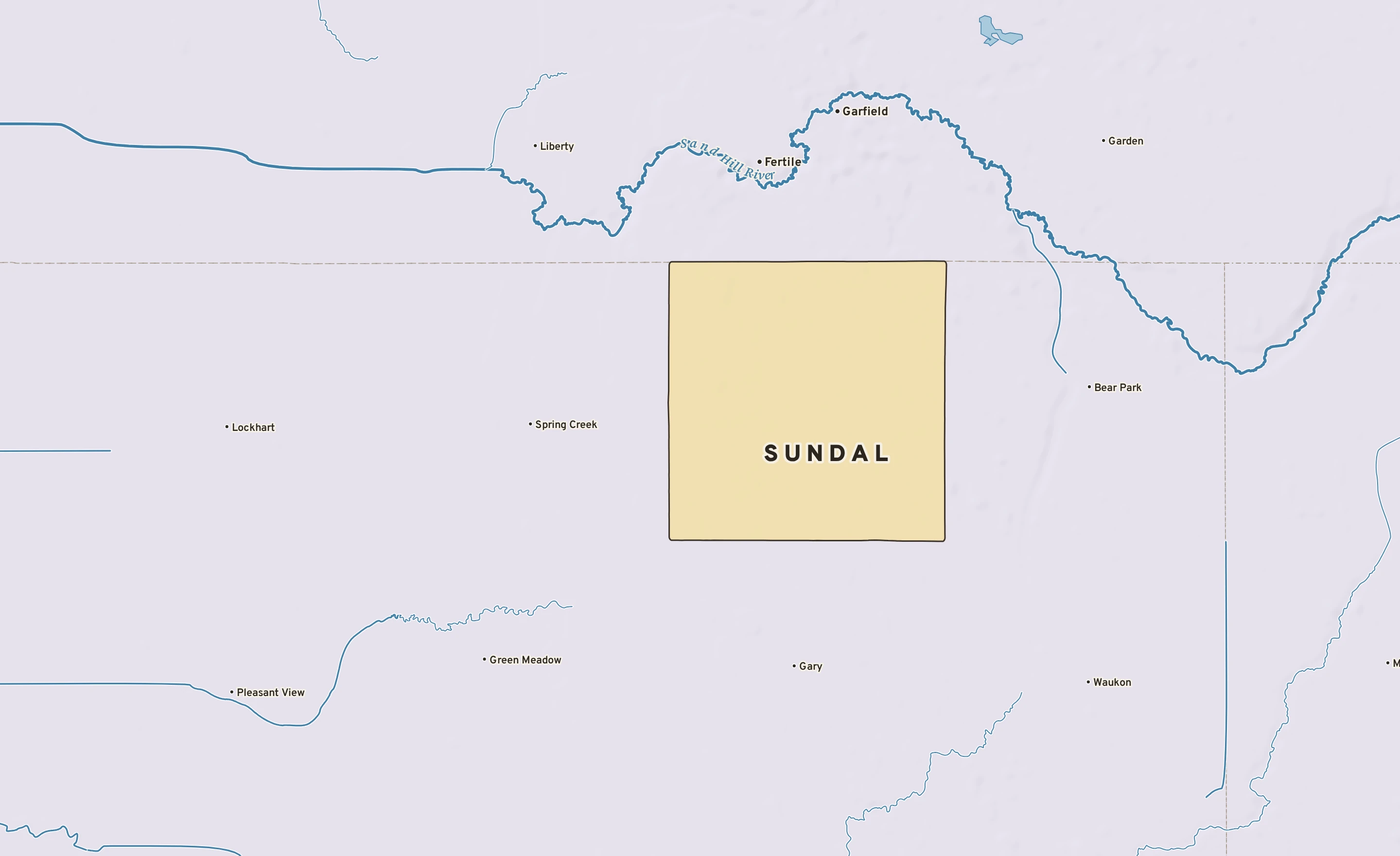 Shaded-relief atlas plate of Sundal, Minnesota: rivers, roads, the city limits and where the water drains.