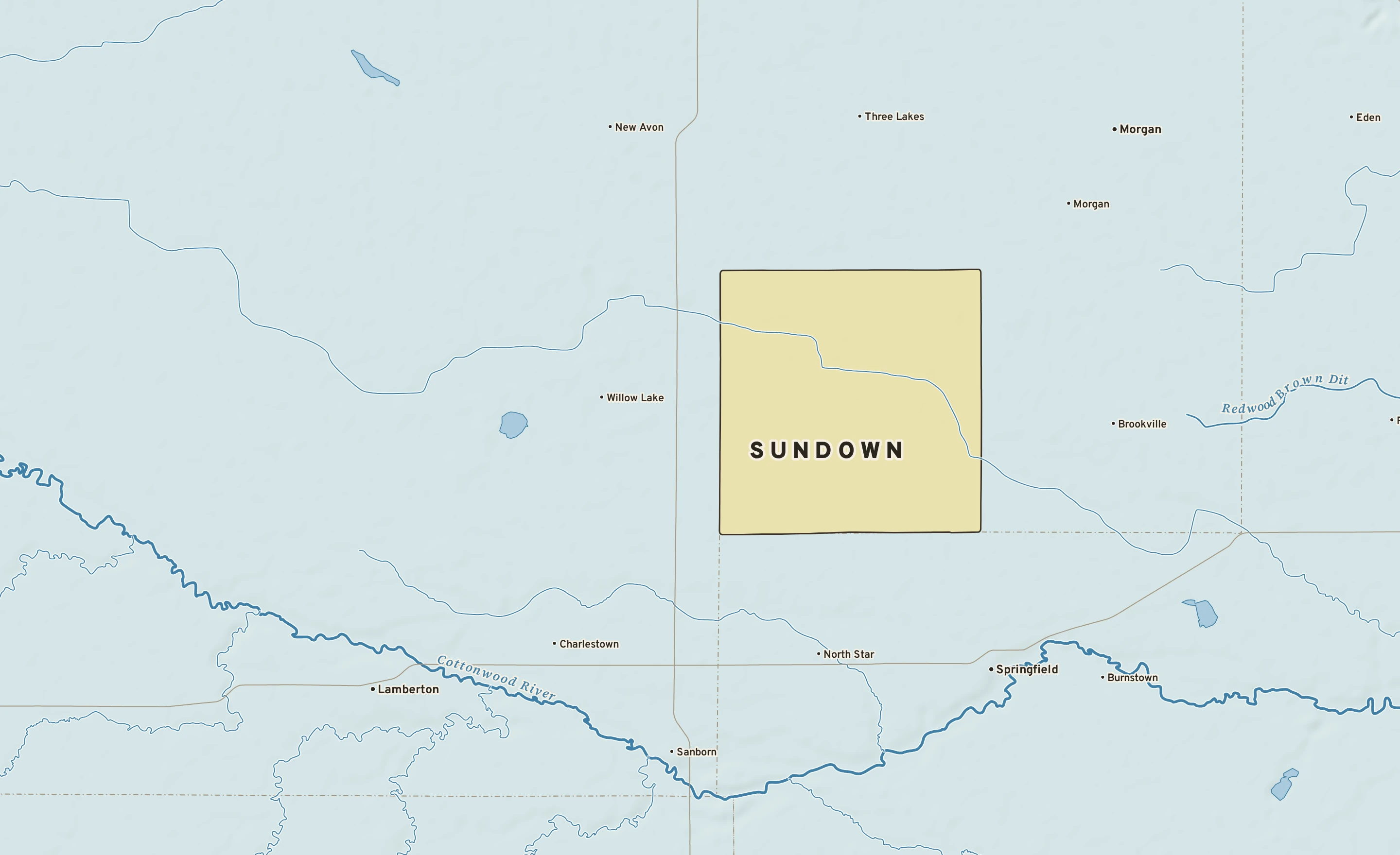 Shaded-relief atlas plate of Sundown, Minnesota: rivers, roads, the city limits and where the water drains.