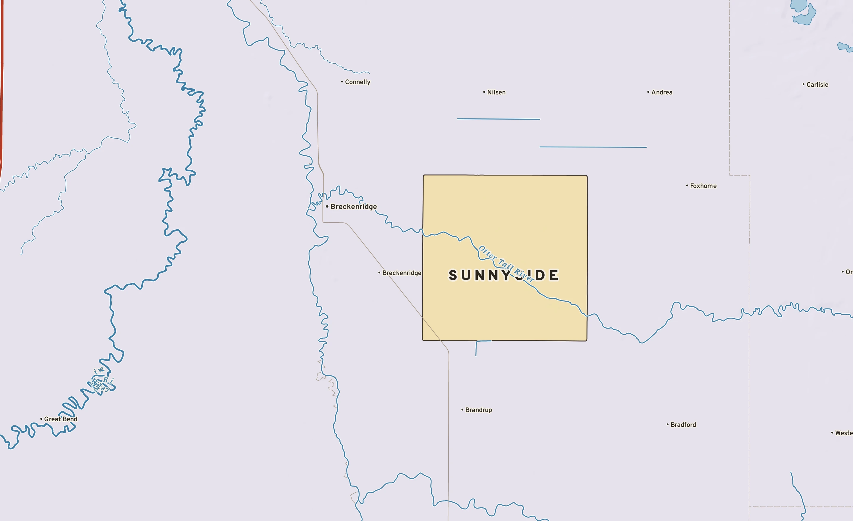 Shaded-relief atlas plate of Sunnyside, Minnesota: rivers, roads, the city limits and where the water drains.