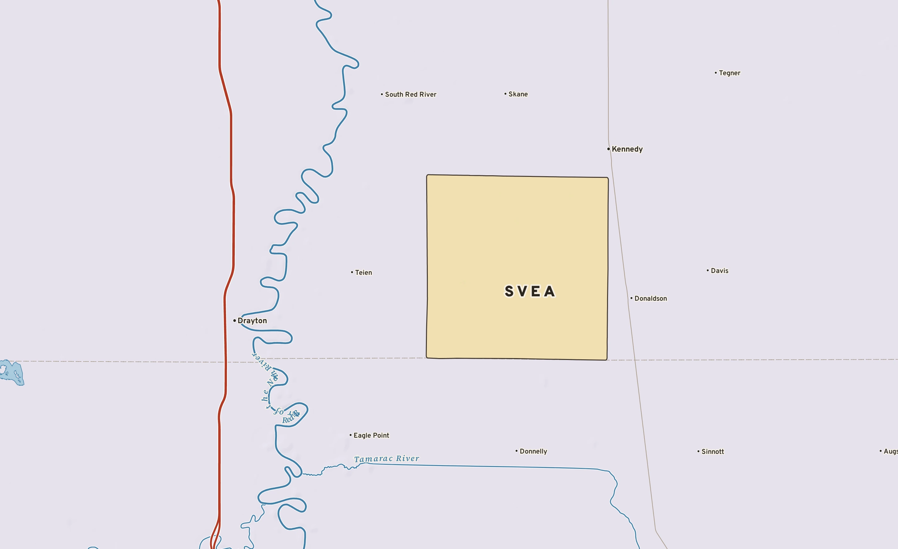 Shaded-relief atlas plate of Svea, Minnesota: rivers, roads, the city limits and where the water drains.