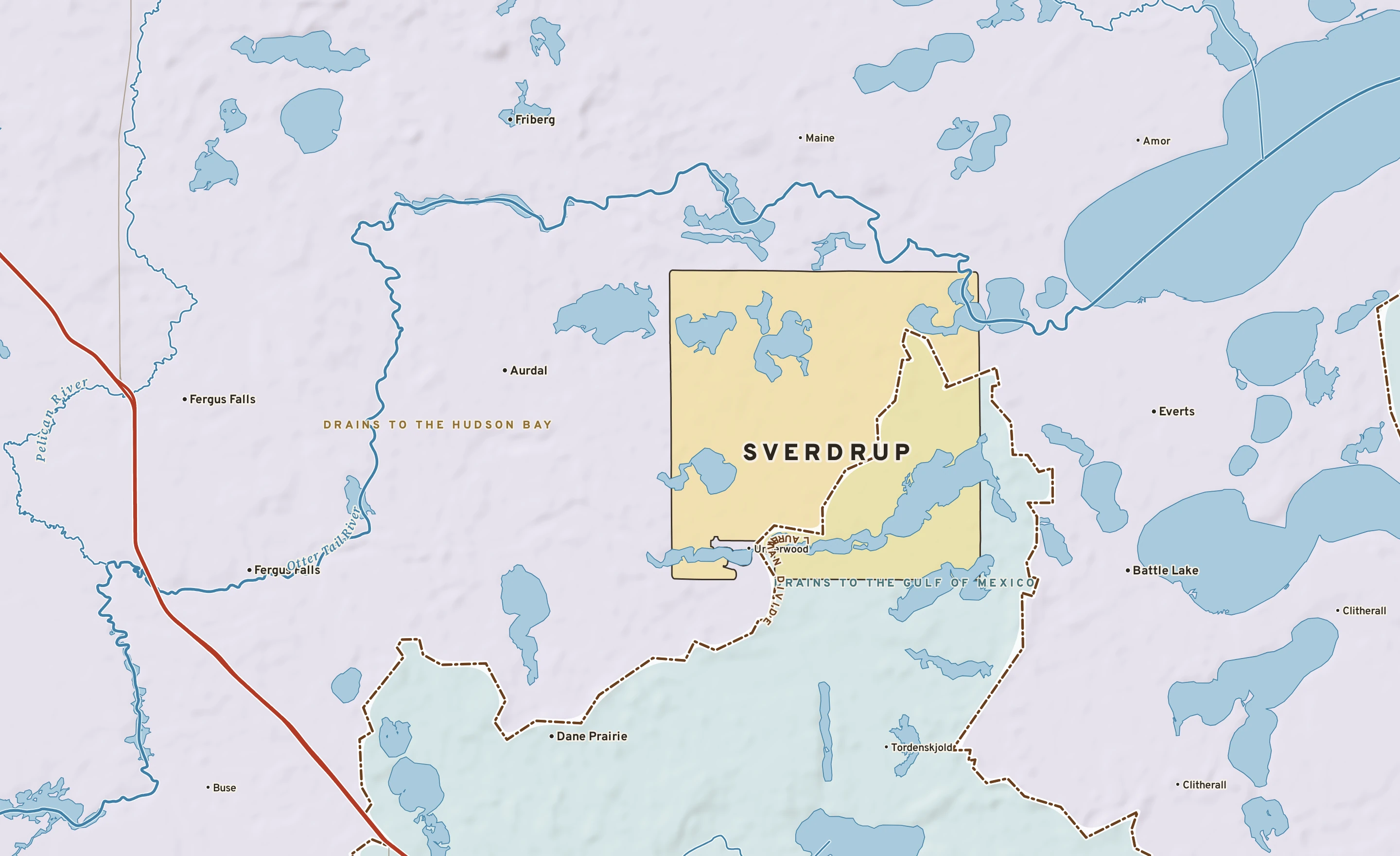 Shaded-relief atlas plate of Sverdrup, Minnesota: rivers, roads, the city limits and where the water drains.
