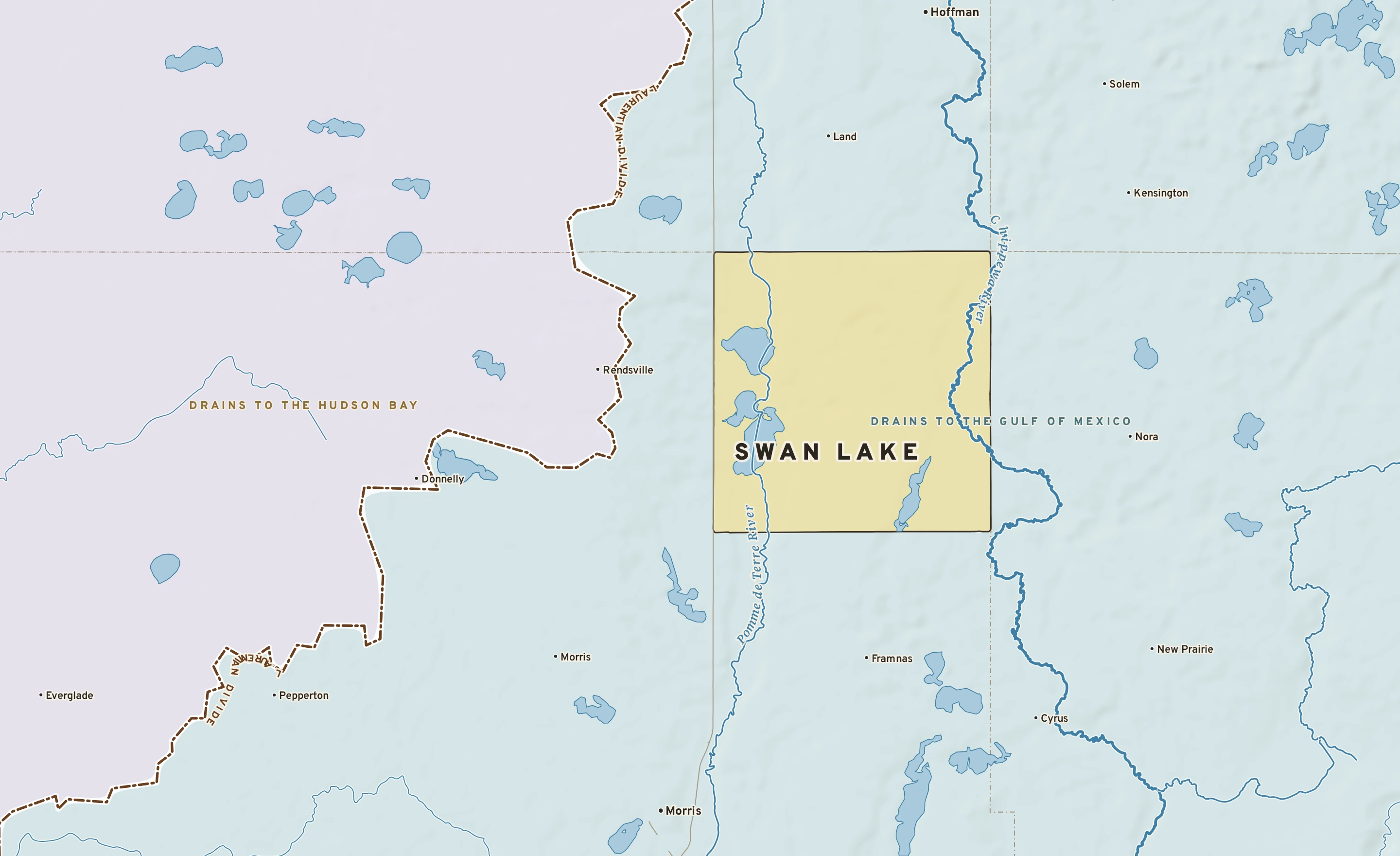 Shaded-relief atlas plate of Swan Lake, Minnesota: rivers, roads, the city limits and where the water drains.