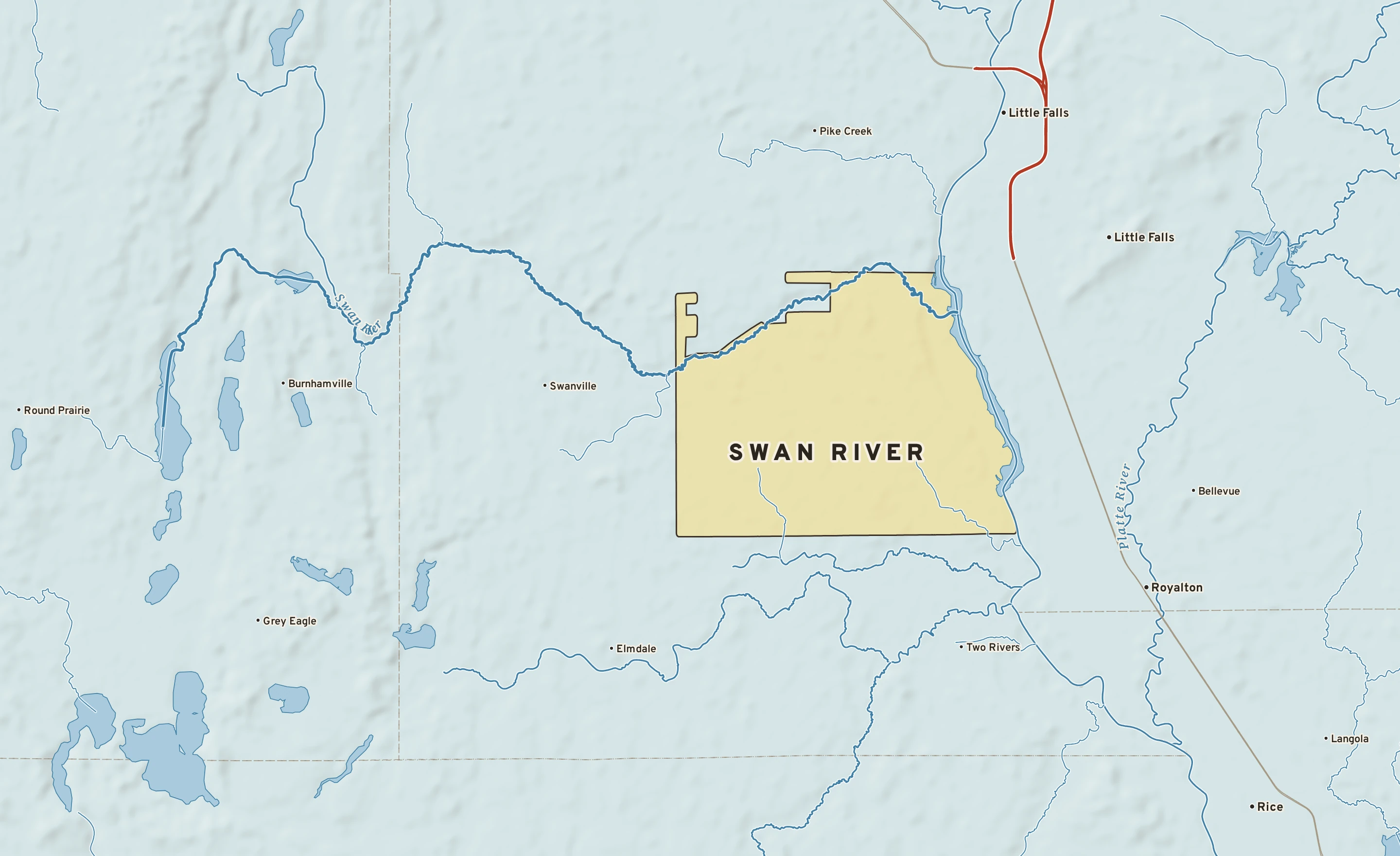 Shaded-relief atlas plate of Swan River, Minnesota: rivers, roads, the city limits and where the water drains.