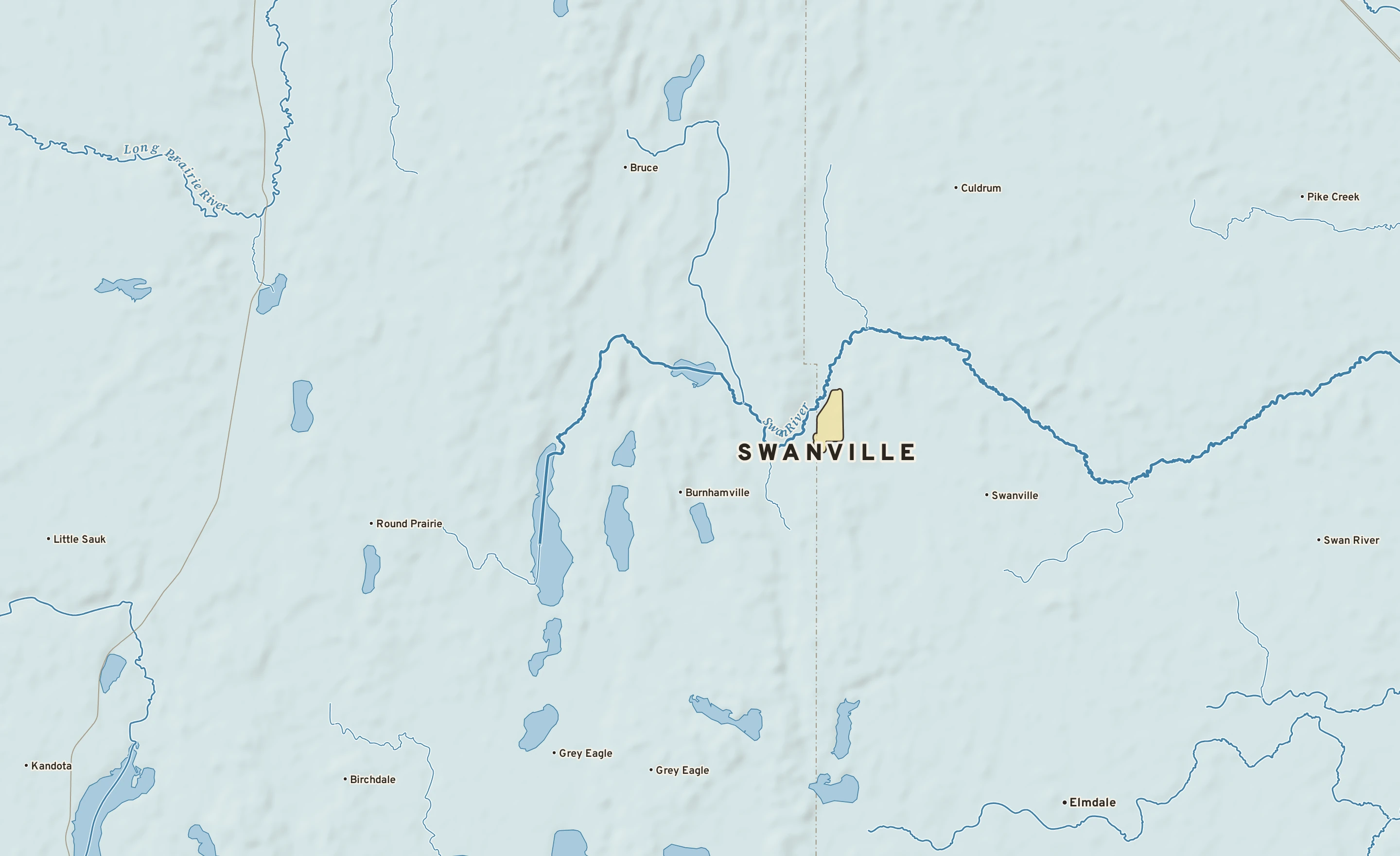 Shaded-relief atlas plate of Swanville, Minnesota: rivers, roads, the city limits and where the water drains.