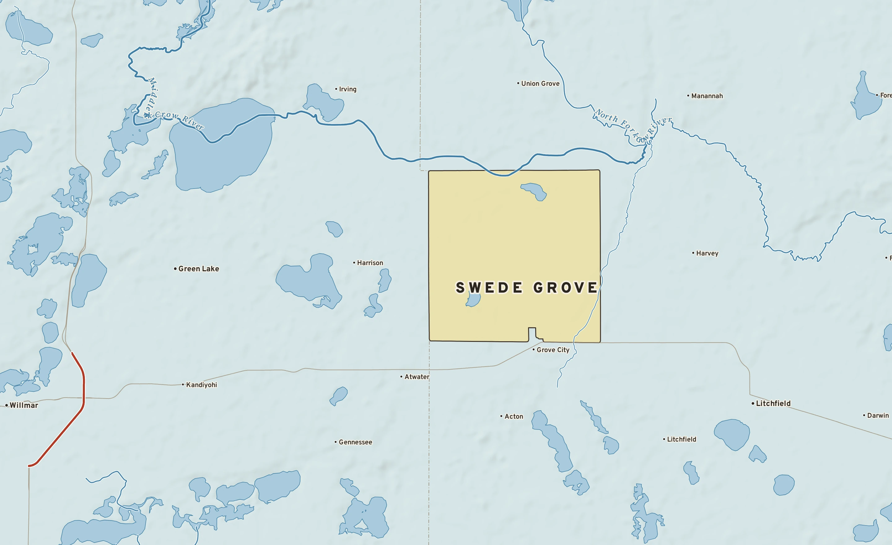 Shaded-relief atlas plate of Swede Grove, Minnesota: rivers, roads, the city limits and where the water drains.