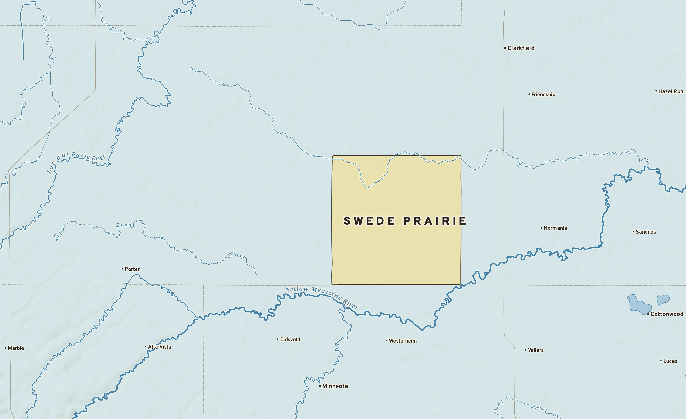 Shaded-relief atlas plate of Swede Prairie, Minnesota: rivers, roads, the city limits and where the water drains.