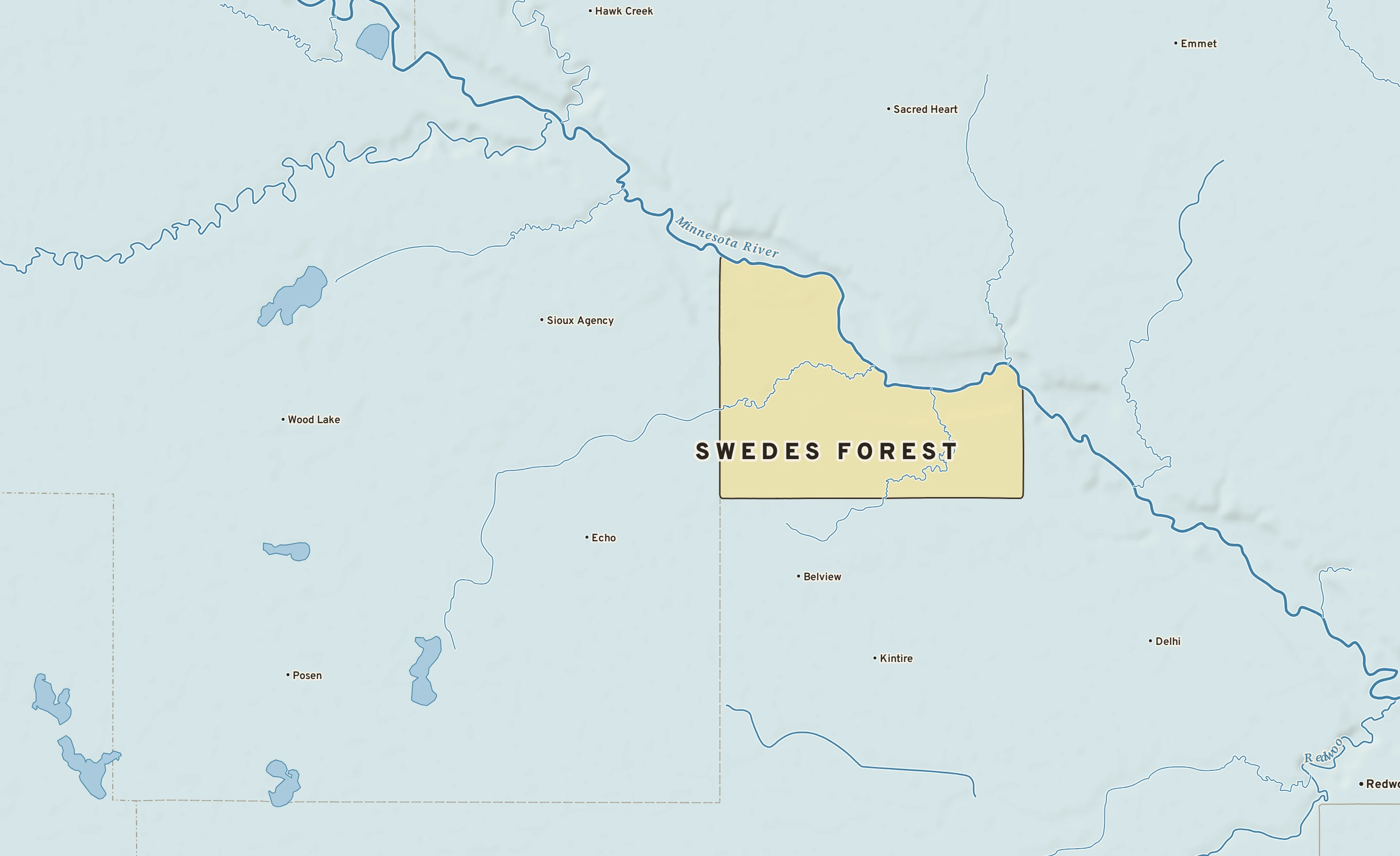 Shaded-relief atlas plate of Swedes Forest, Minnesota: rivers, roads, the city limits and where the water drains.