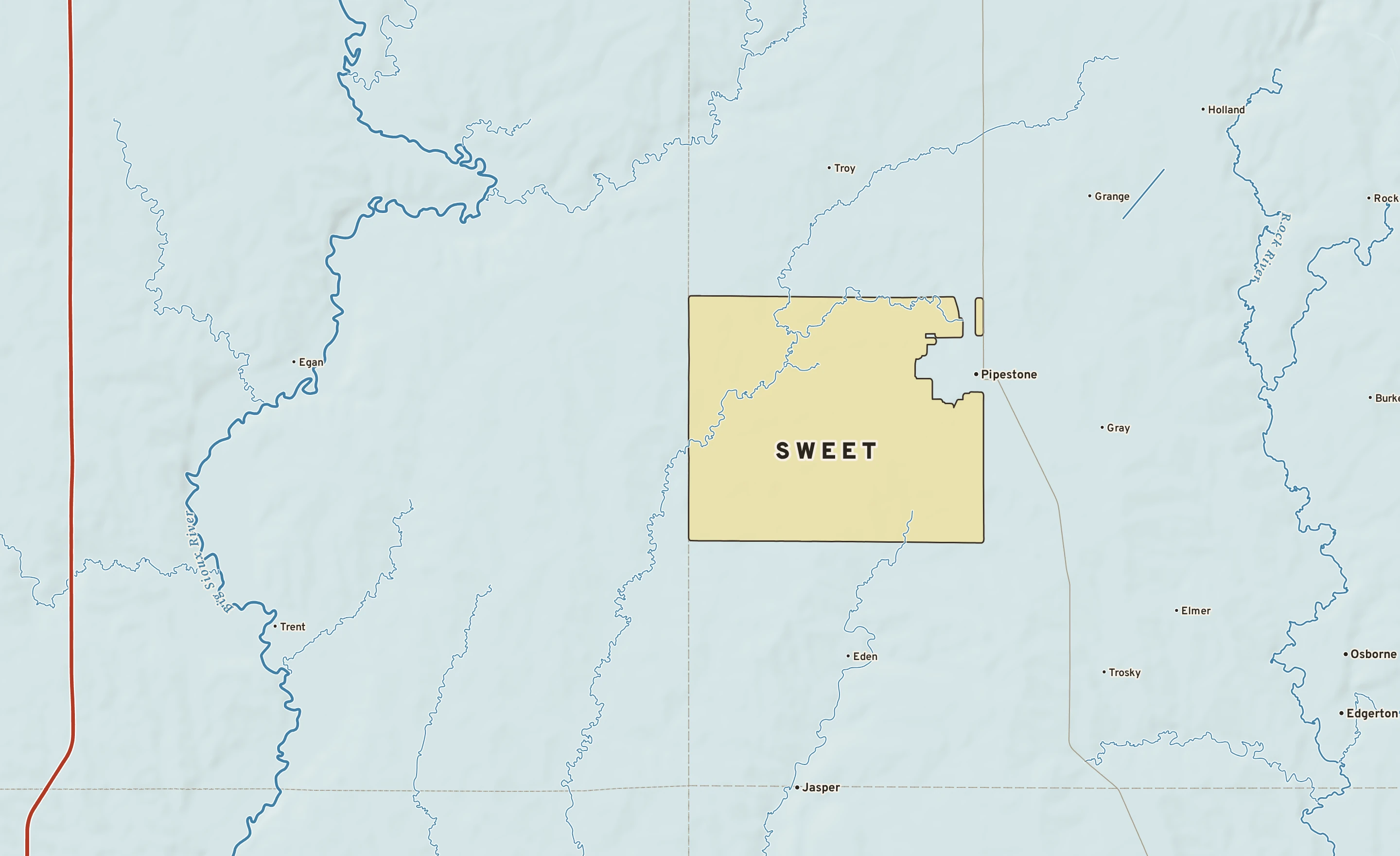 Shaded-relief atlas plate of Sweet, Minnesota: rivers, roads, the city limits and where the water drains.