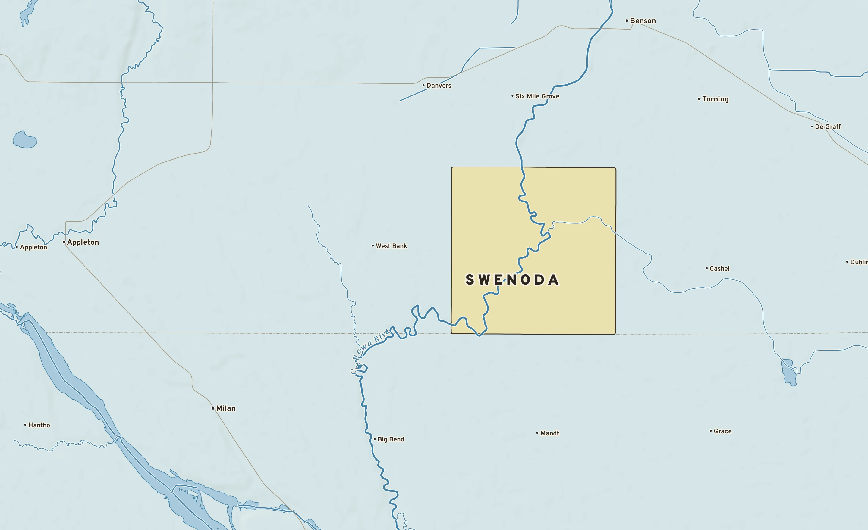 Shaded-relief atlas plate of Swenoda, Minnesota: rivers, roads, the city limits and where the water drains.