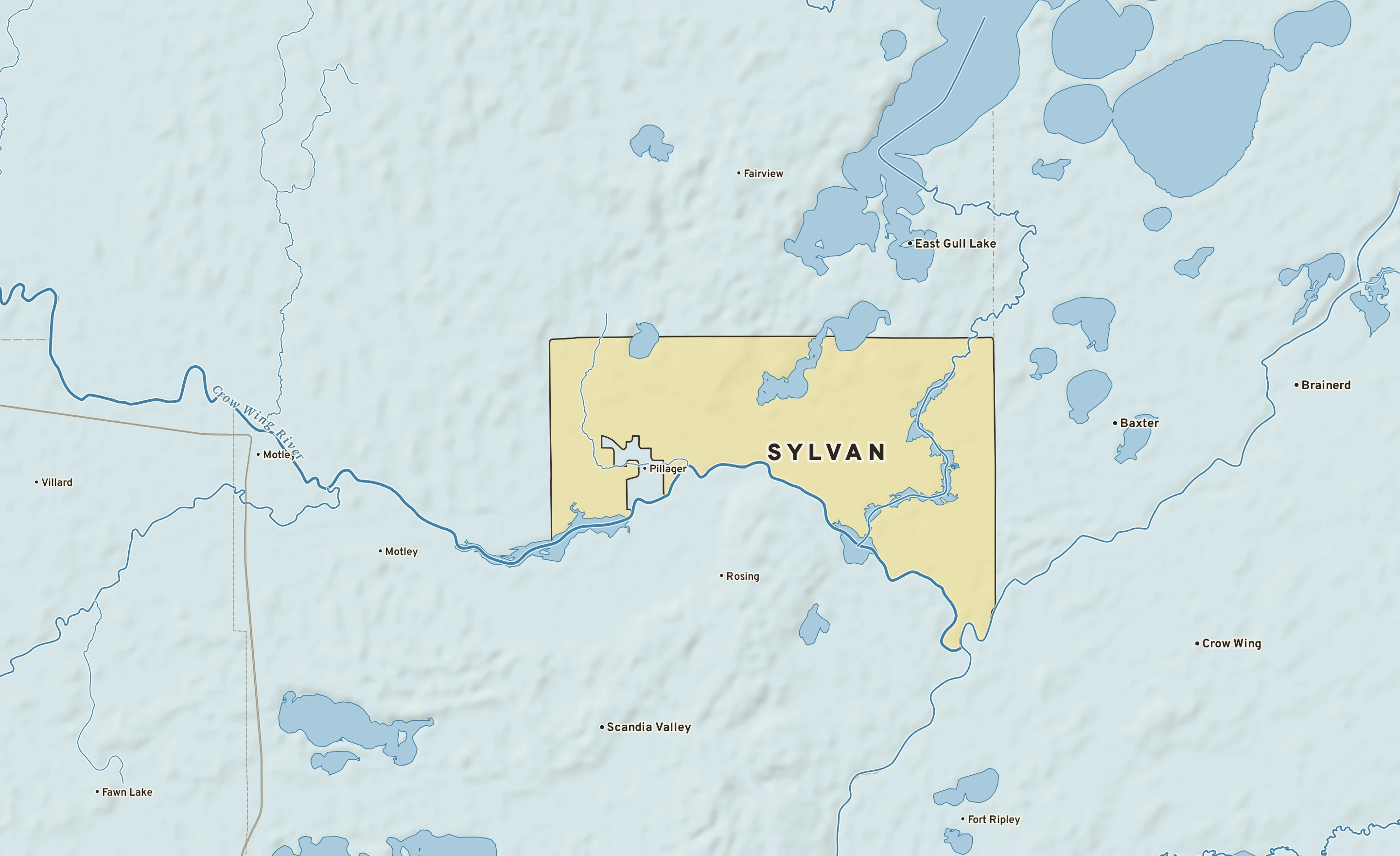 Shaded-relief atlas plate of Sylvan, Minnesota: rivers, roads, the city limits and where the water drains.