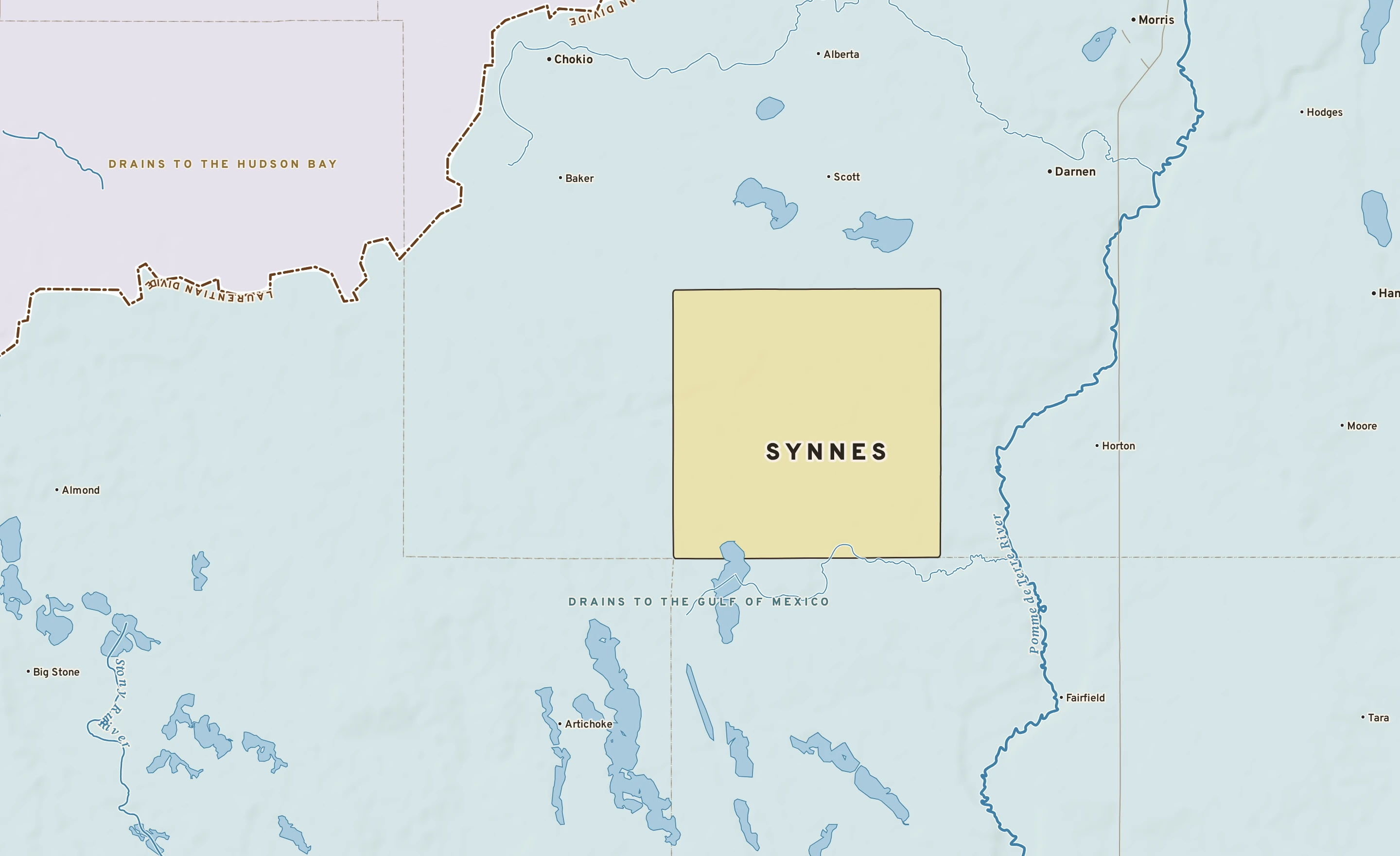 Shaded-relief atlas plate of Synnes, Minnesota: rivers, roads, the city limits and where the water drains.