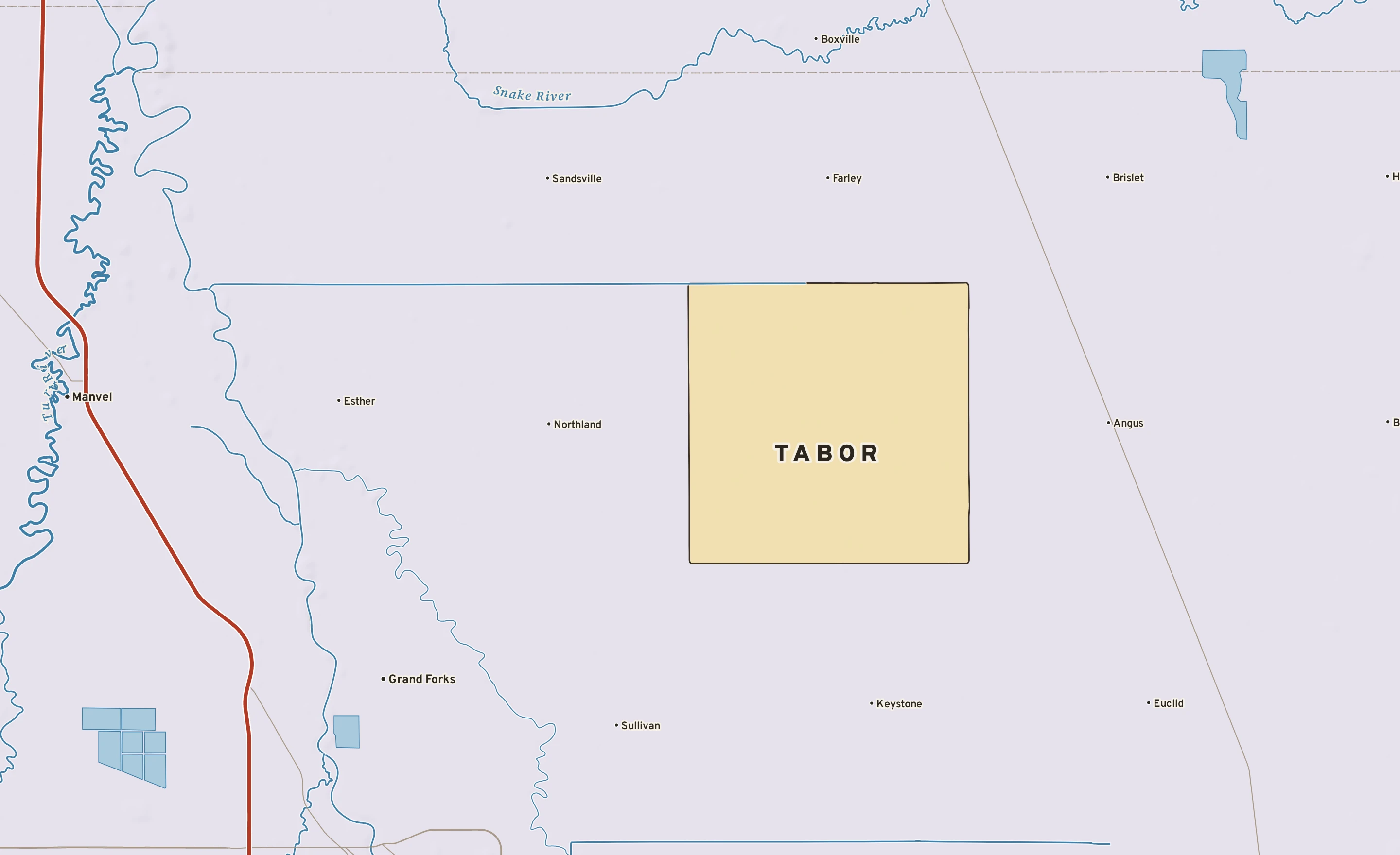 Shaded-relief atlas plate of Tabor, Minnesota: rivers, roads, the city limits and where the water drains.