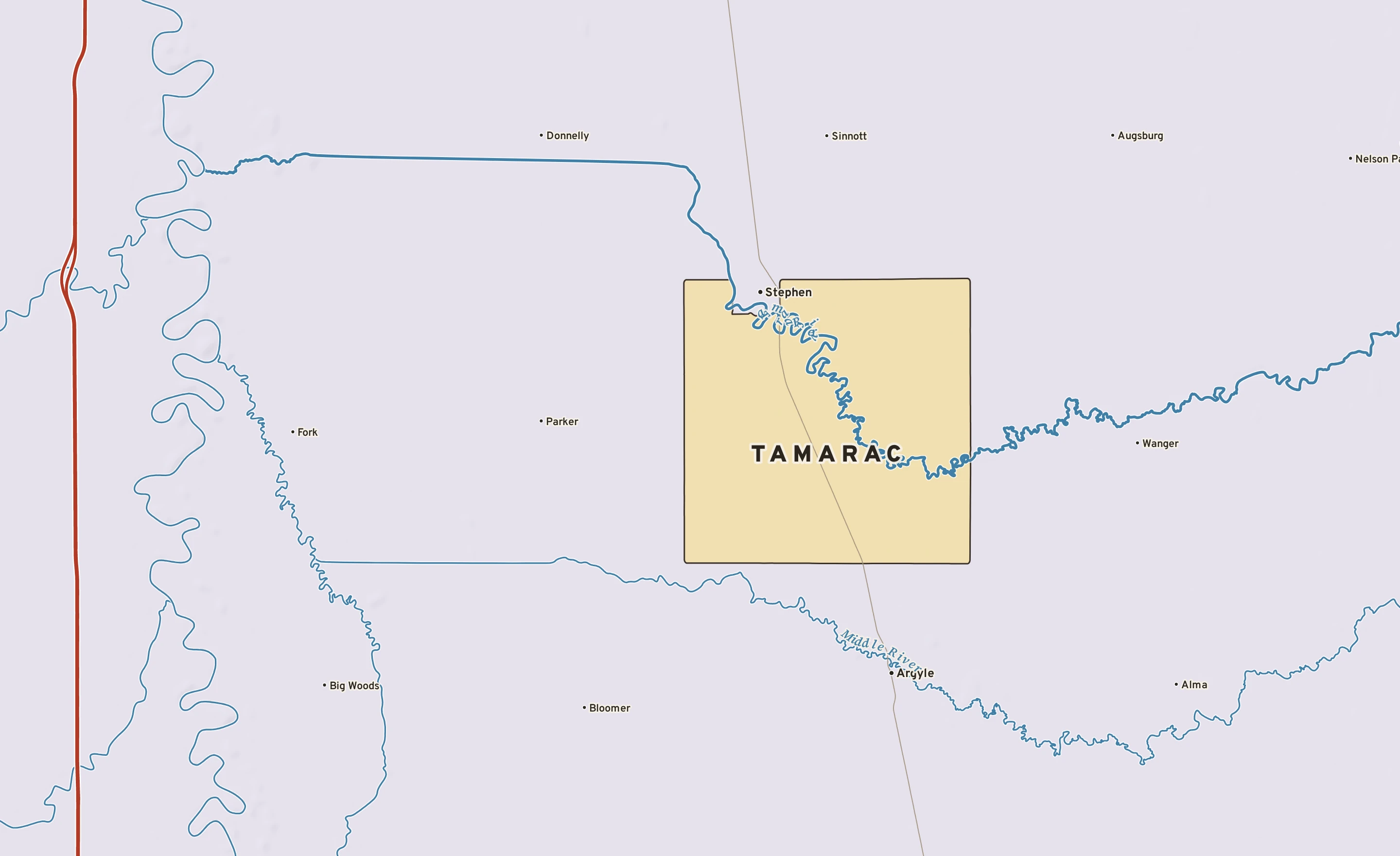 Shaded-relief atlas plate of Tamarac, Minnesota: rivers, roads, the city limits and where the water drains.