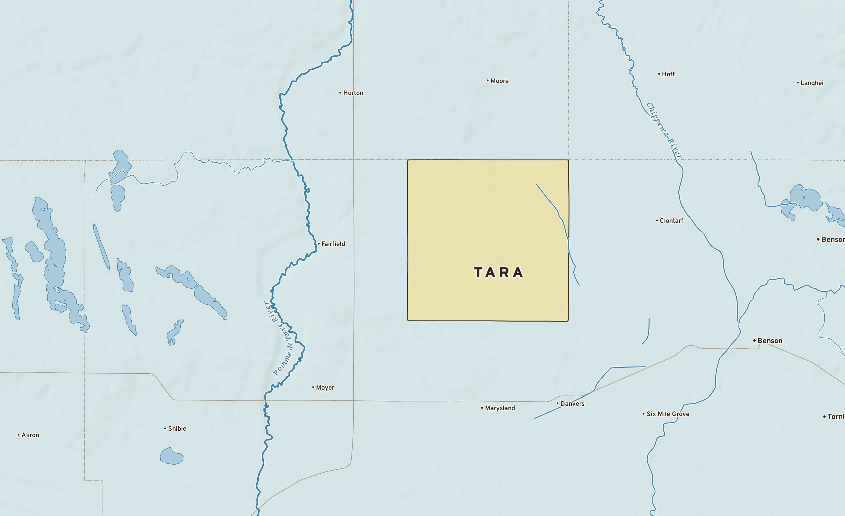 Shaded-relief atlas plate of Tara, Minnesota: rivers, roads, the city limits and where the water drains.
