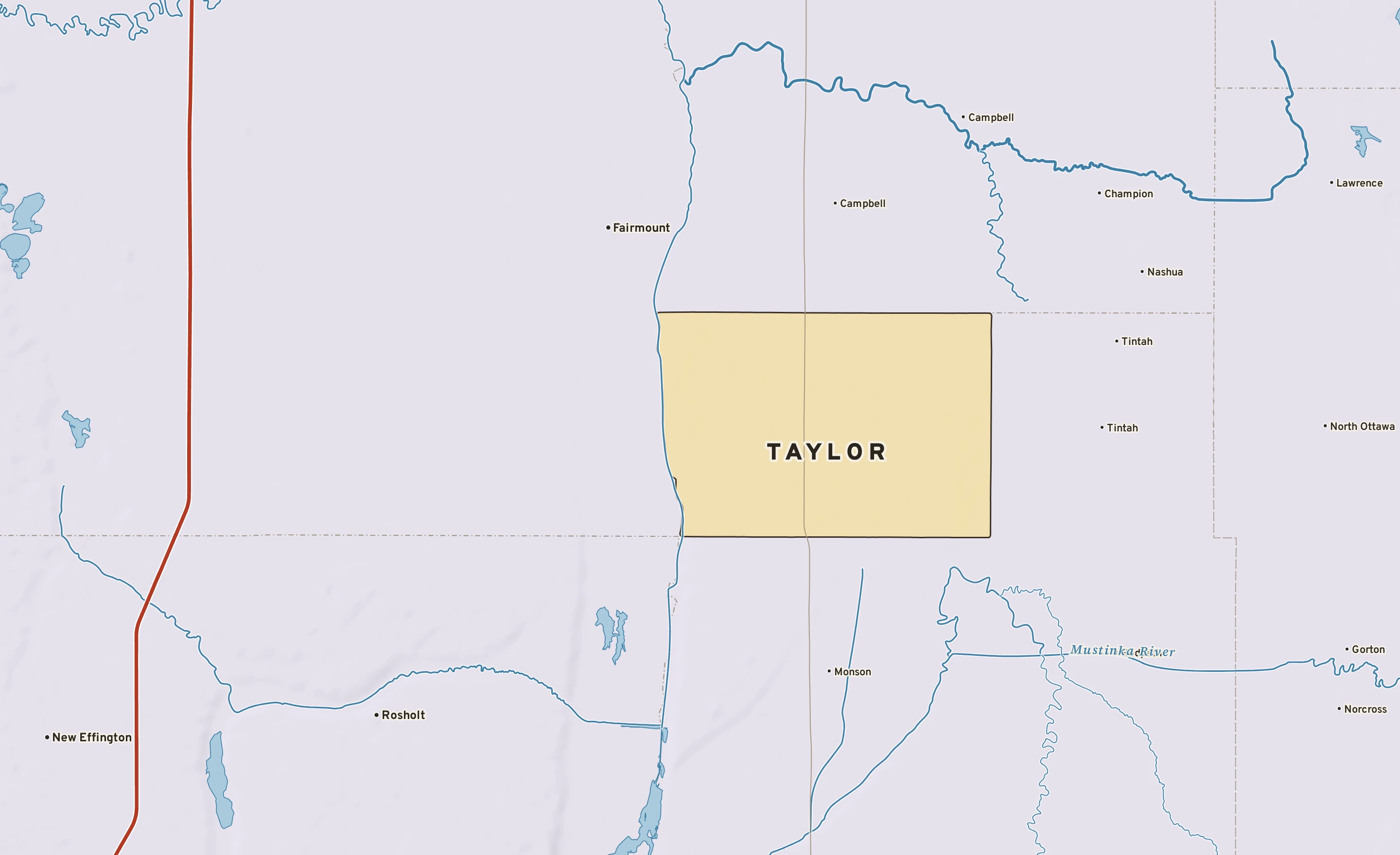 Shaded-relief atlas plate of Taylor, Minnesota: rivers, roads, the city limits and where the water drains.