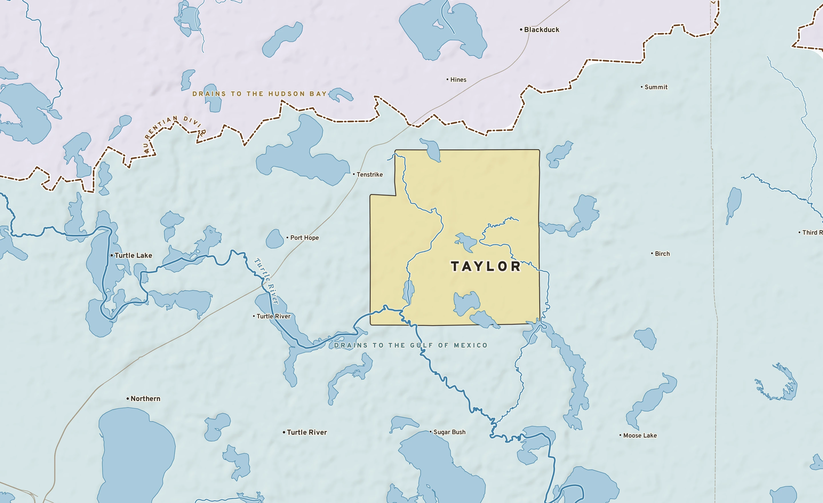 Shaded-relief atlas plate of Taylor, Minnesota: rivers, roads, the city limits and where the water drains.