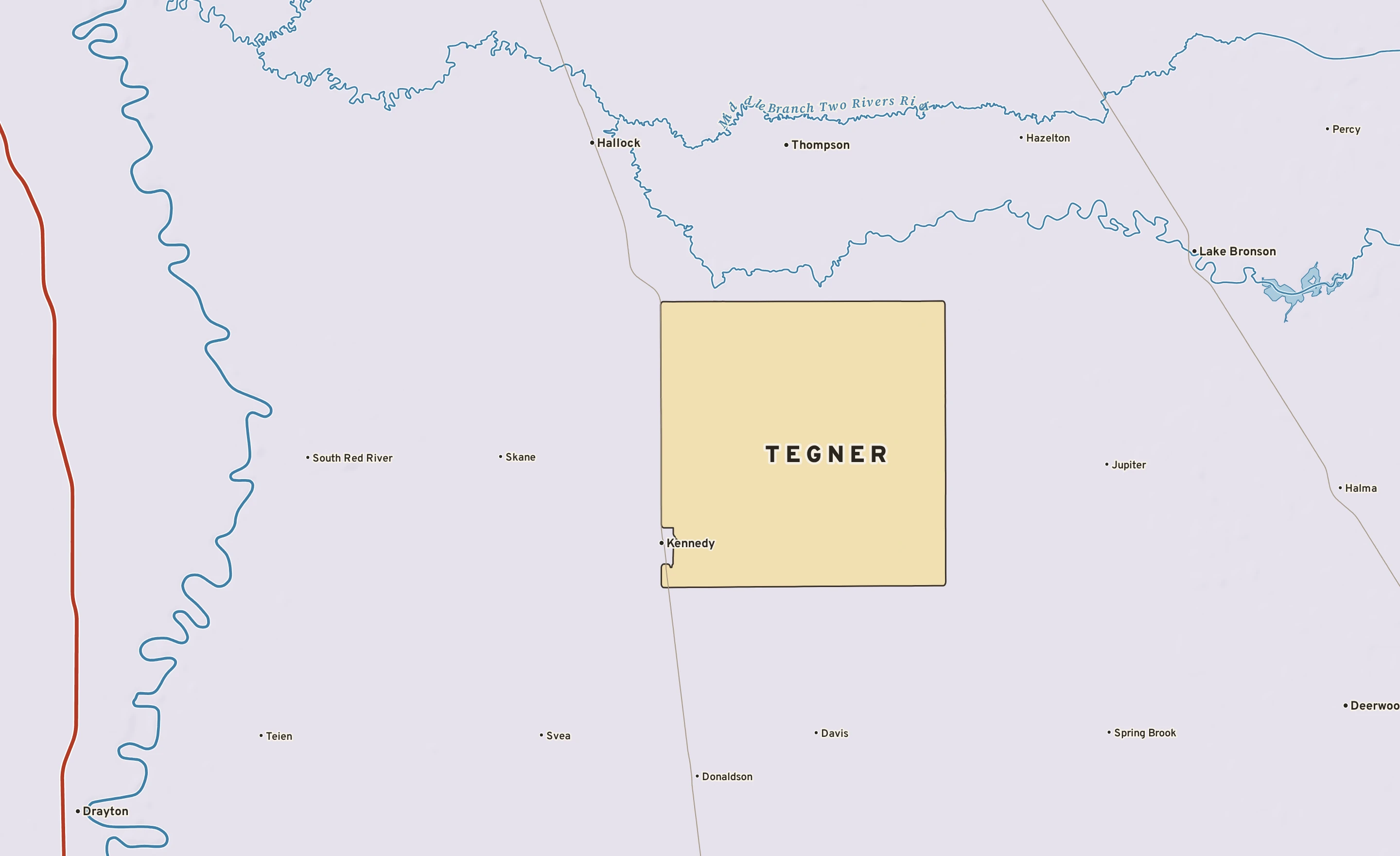 Shaded-relief atlas plate of Tegner, Minnesota: rivers, roads, the city limits and where the water drains.