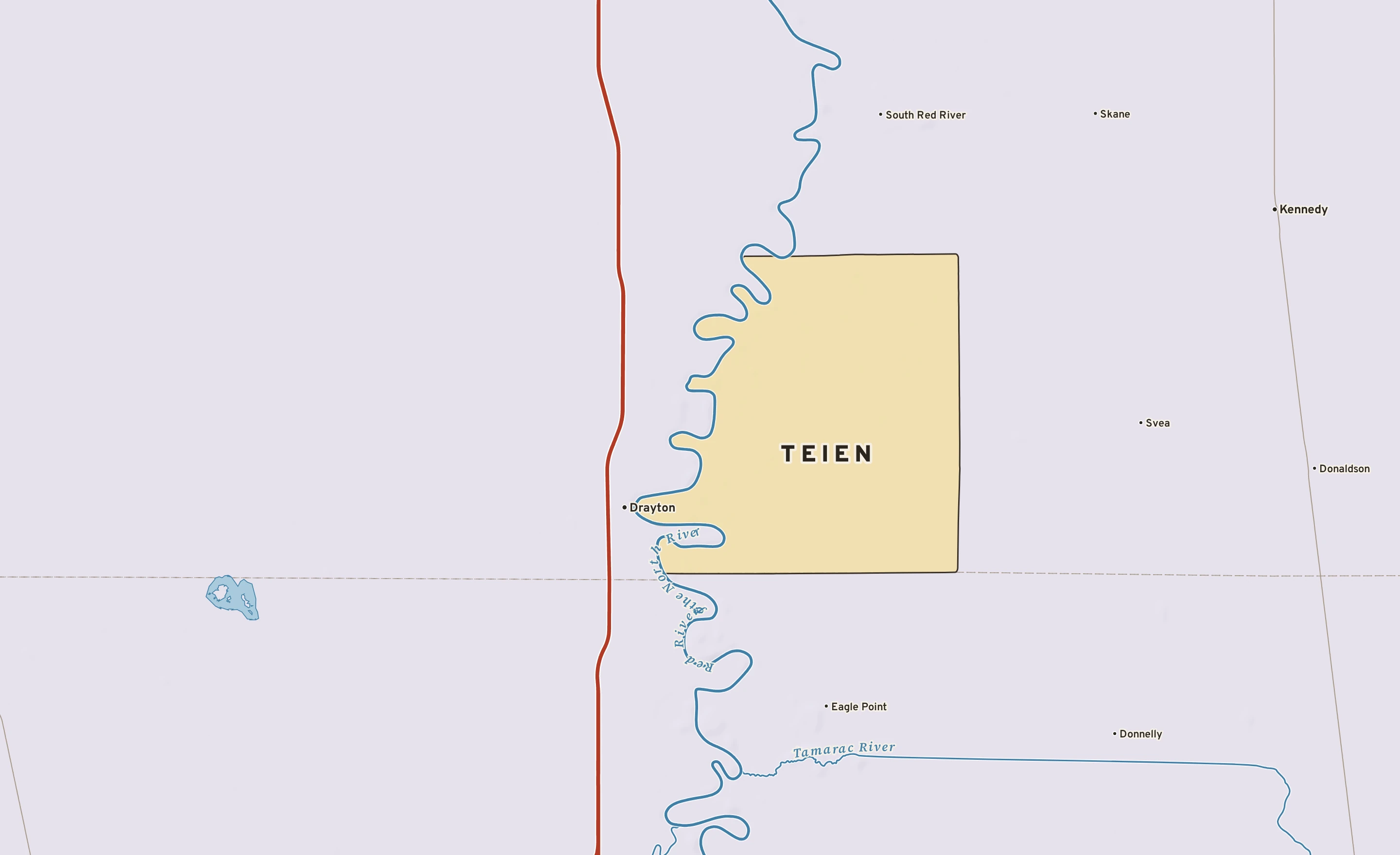 Shaded-relief atlas plate of Teien, Minnesota: rivers, roads, the city limits and where the water drains.