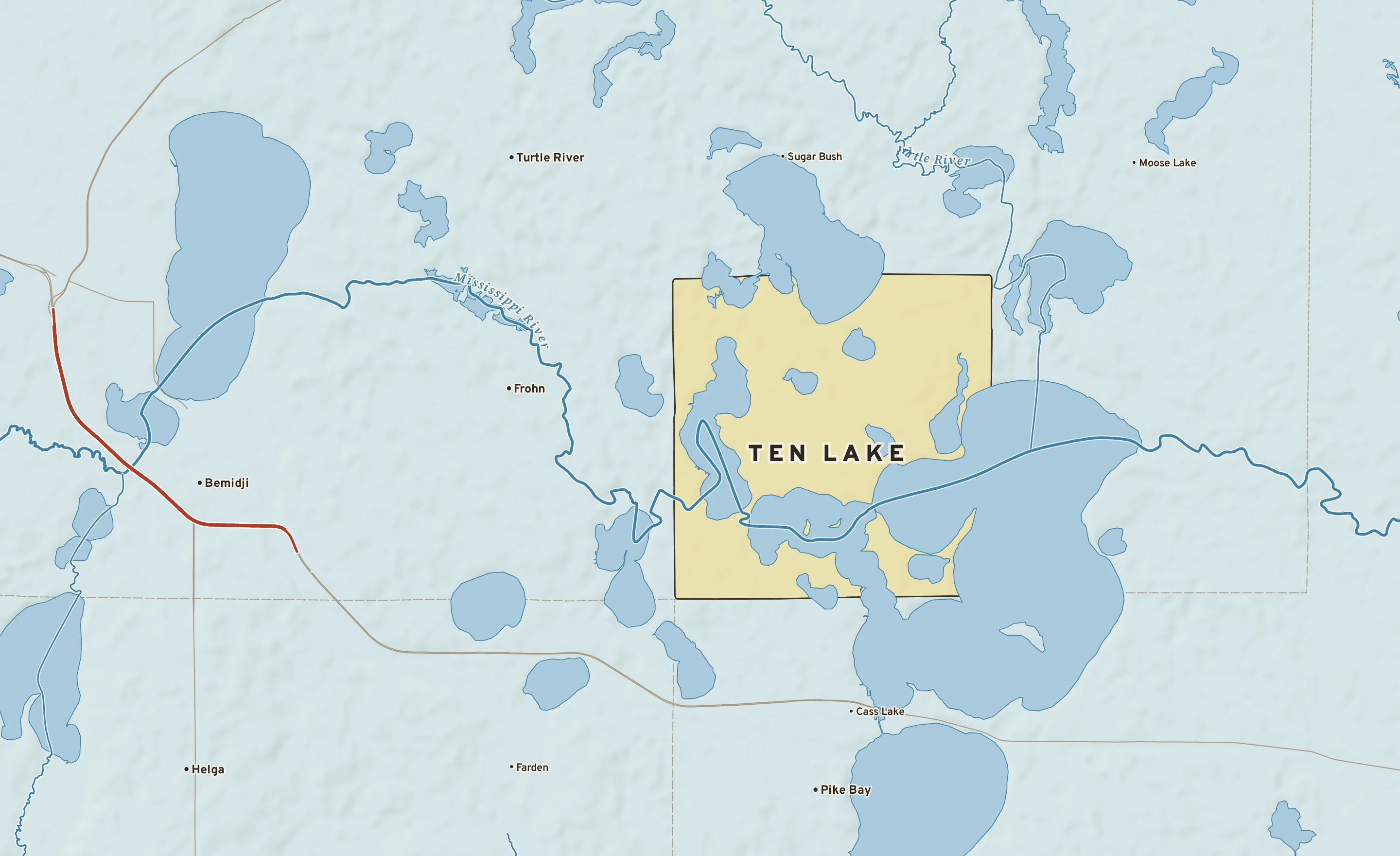 Shaded-relief atlas plate of Ten Lake, Minnesota: rivers, roads, the city limits and where the water drains.