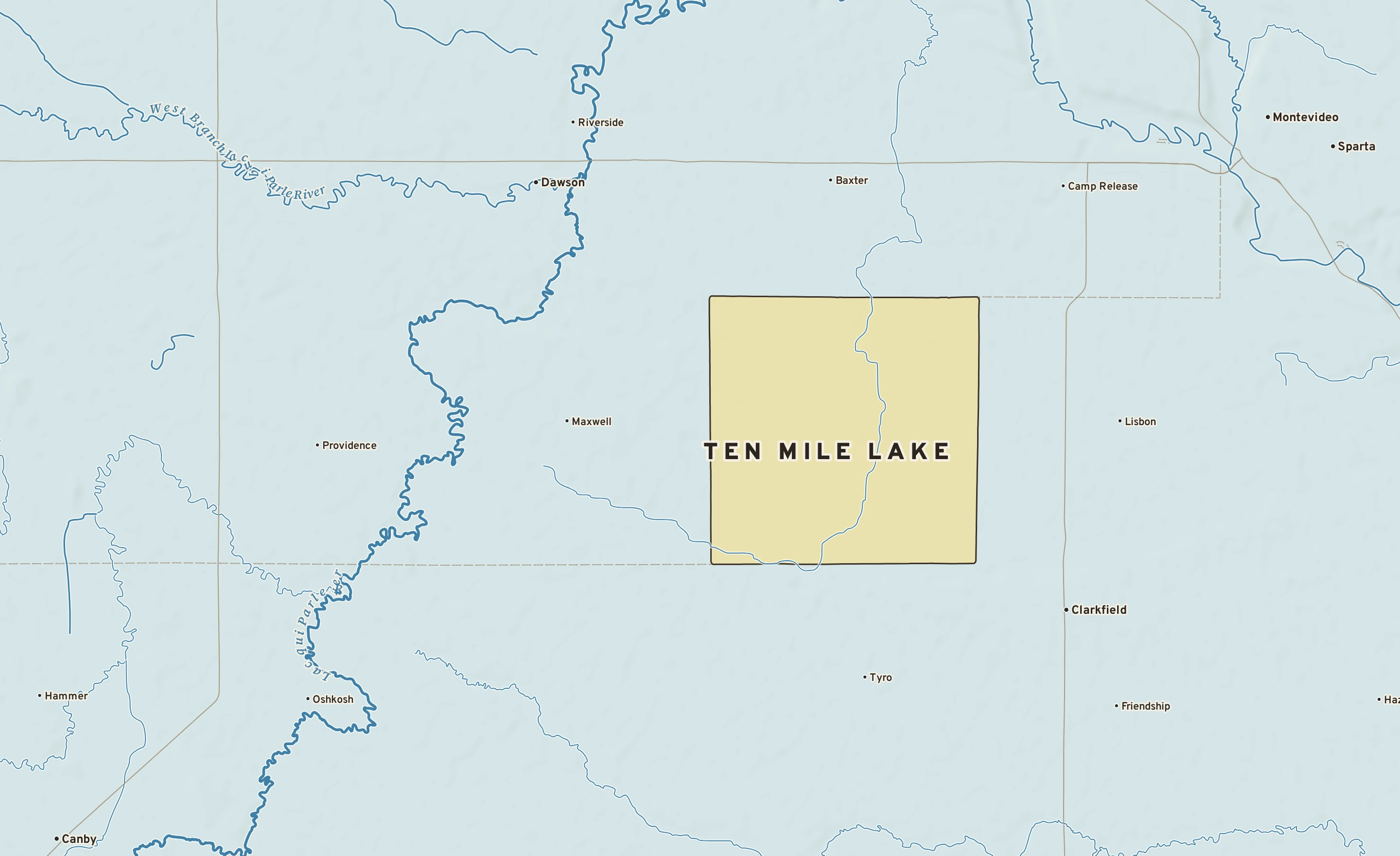 Shaded-relief atlas plate of Ten Mile Lake, Minnesota: rivers, roads, the city limits and where the water drains.