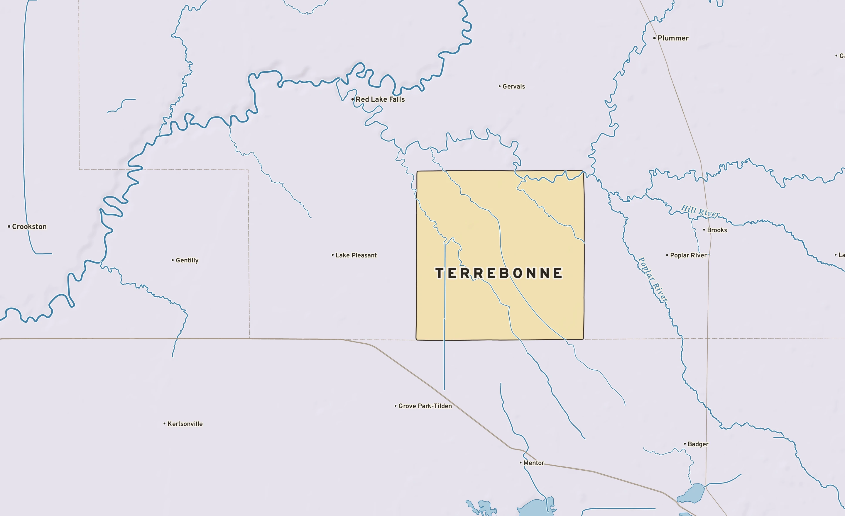 Shaded-relief atlas plate of Terrebonne, Minnesota: rivers, roads, the city limits and where the water drains.