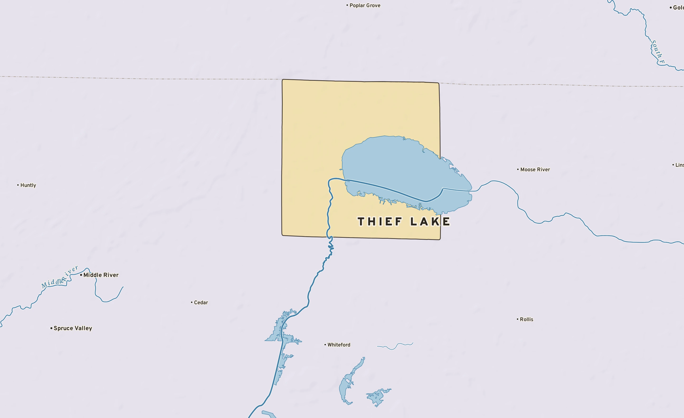 Shaded-relief atlas plate of Thief Lake, Minnesota: rivers, roads, the city limits and where the water drains.