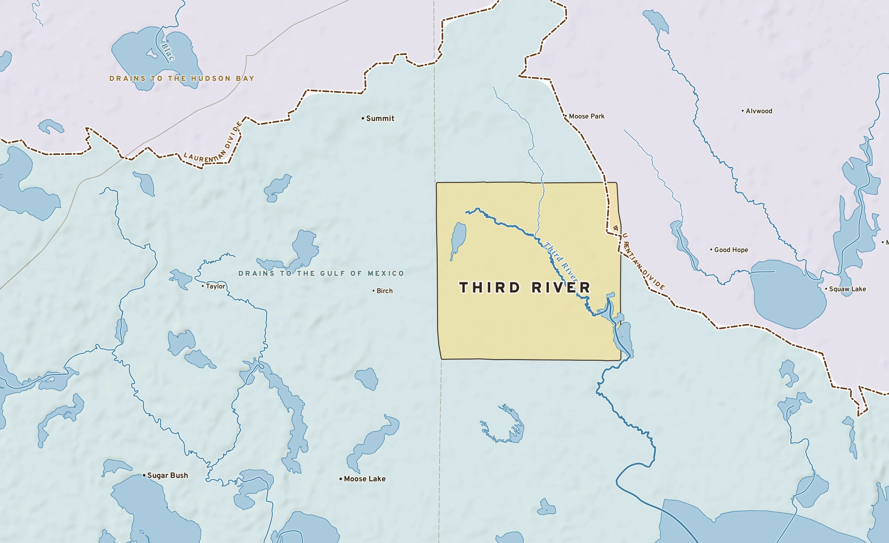 Shaded-relief atlas plate of Third River, Minnesota: rivers, roads, the city limits and where the water drains.