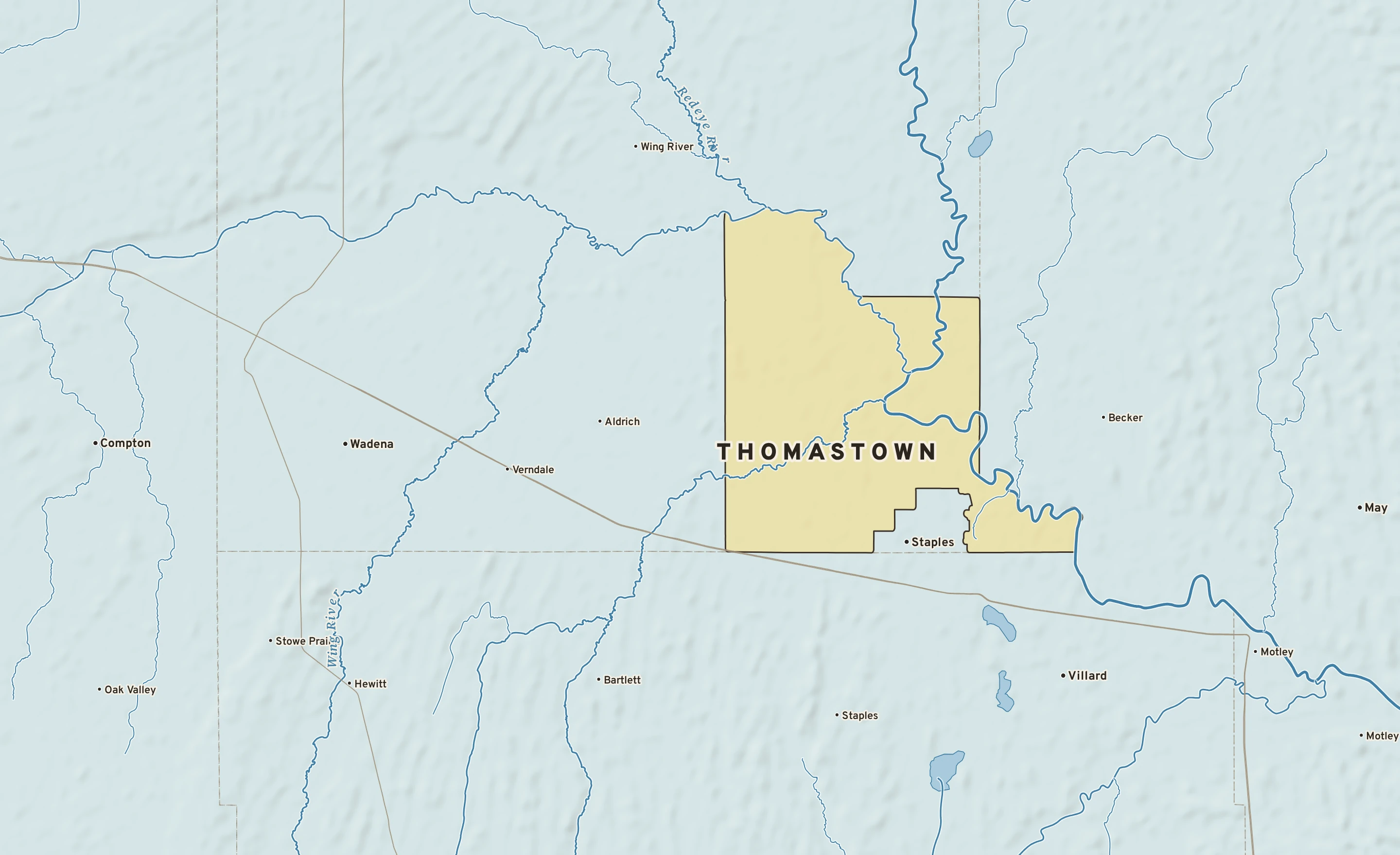 Shaded-relief atlas plate of Thomastown, Minnesota: rivers, roads, the city limits and where the water drains.