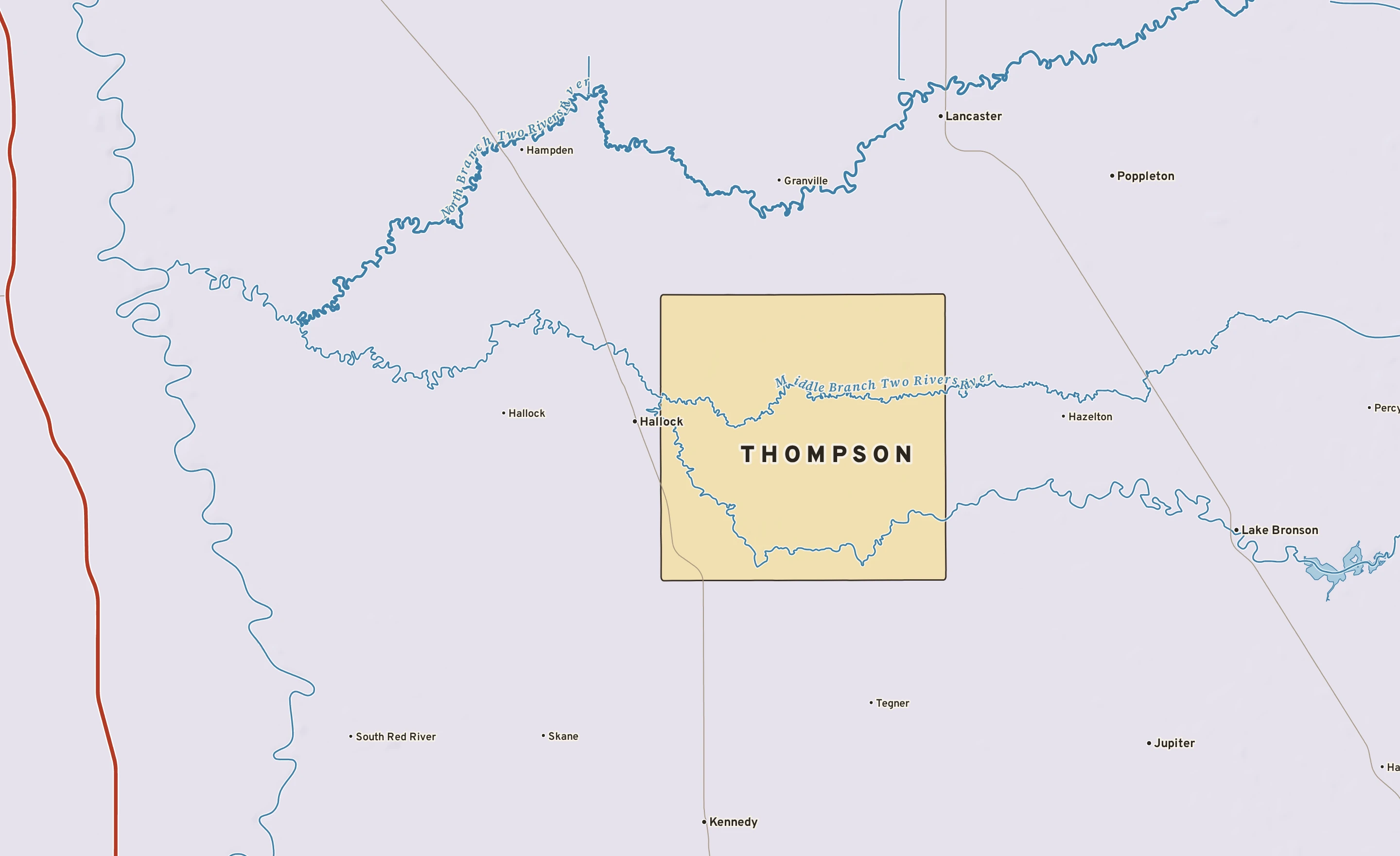 Shaded-relief atlas plate of Thompson, Minnesota: rivers, roads, the city limits and where the water drains.