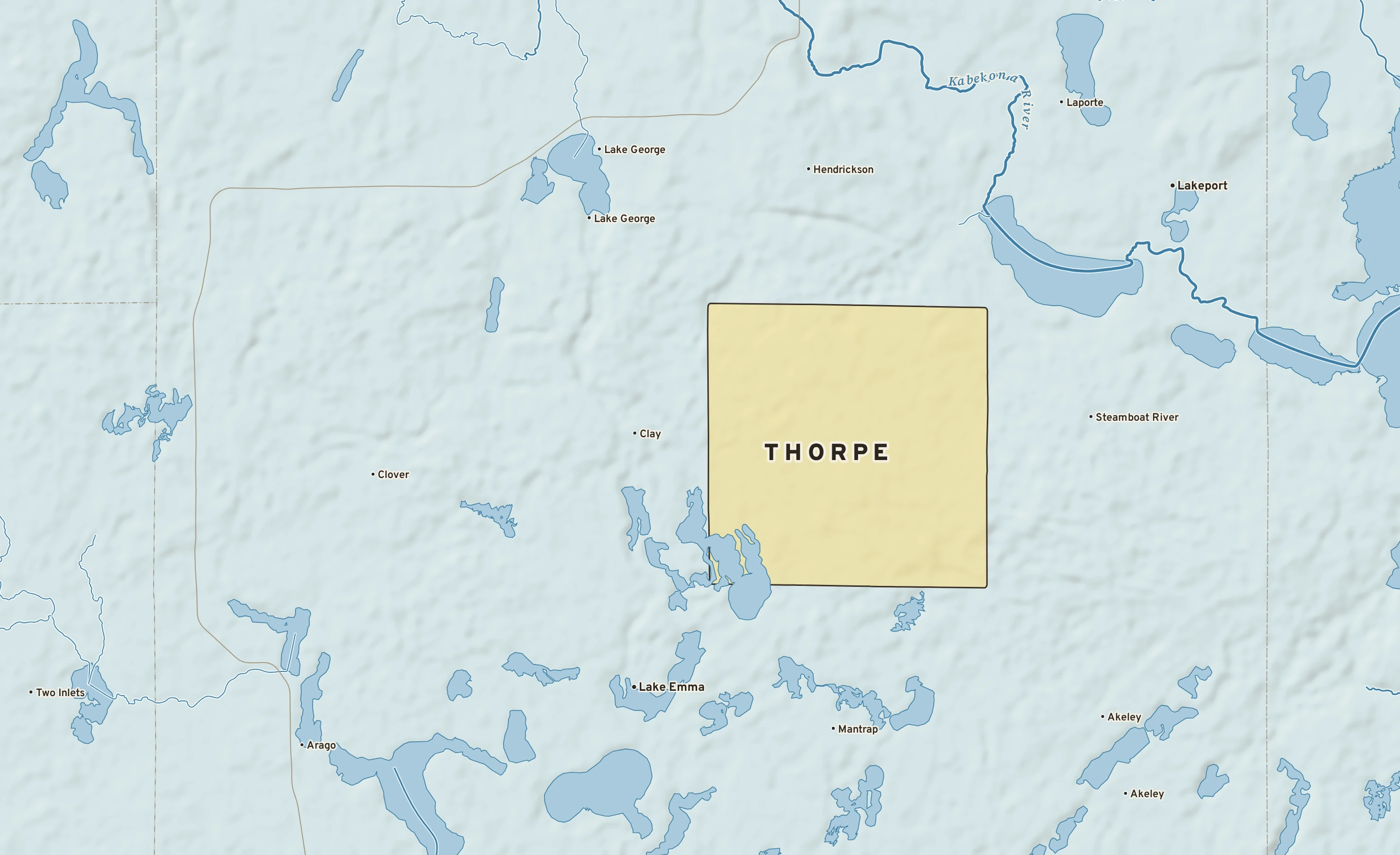 Shaded-relief atlas plate of Thorpe, Minnesota: rivers, roads, the city limits and where the water drains.
