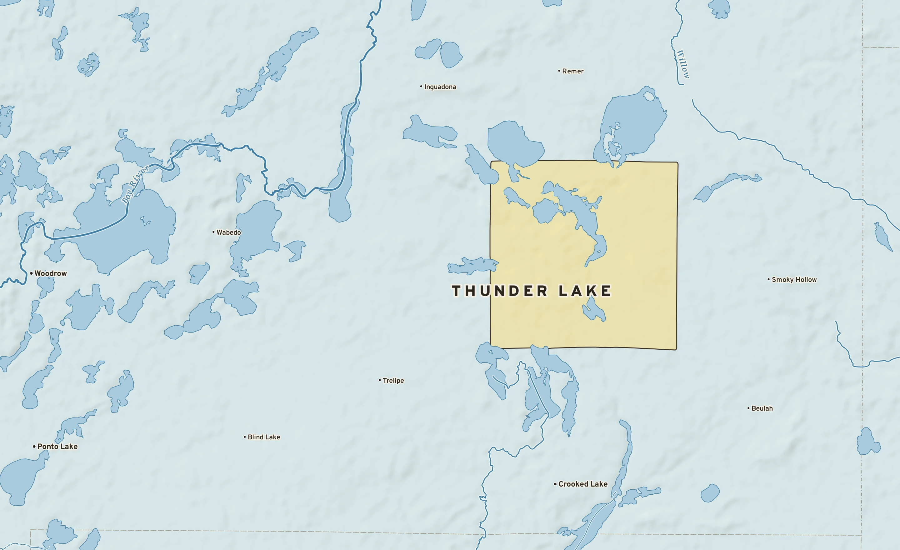 Shaded-relief atlas plate of Thunder Lake, Minnesota: rivers, roads, the city limits and where the water drains.