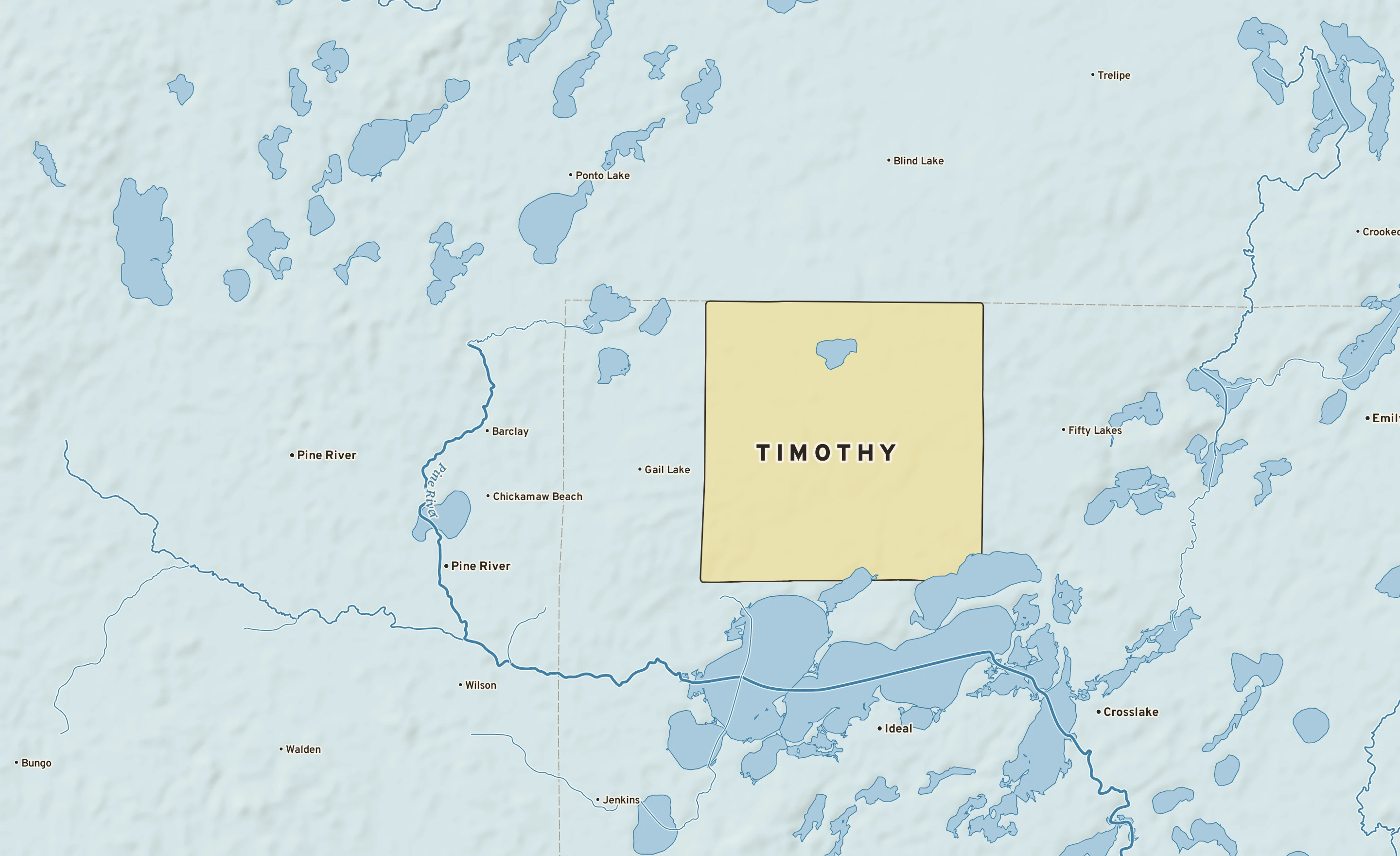 Shaded-relief atlas plate of Timothy, Minnesota: rivers, roads, the city limits and where the water drains.