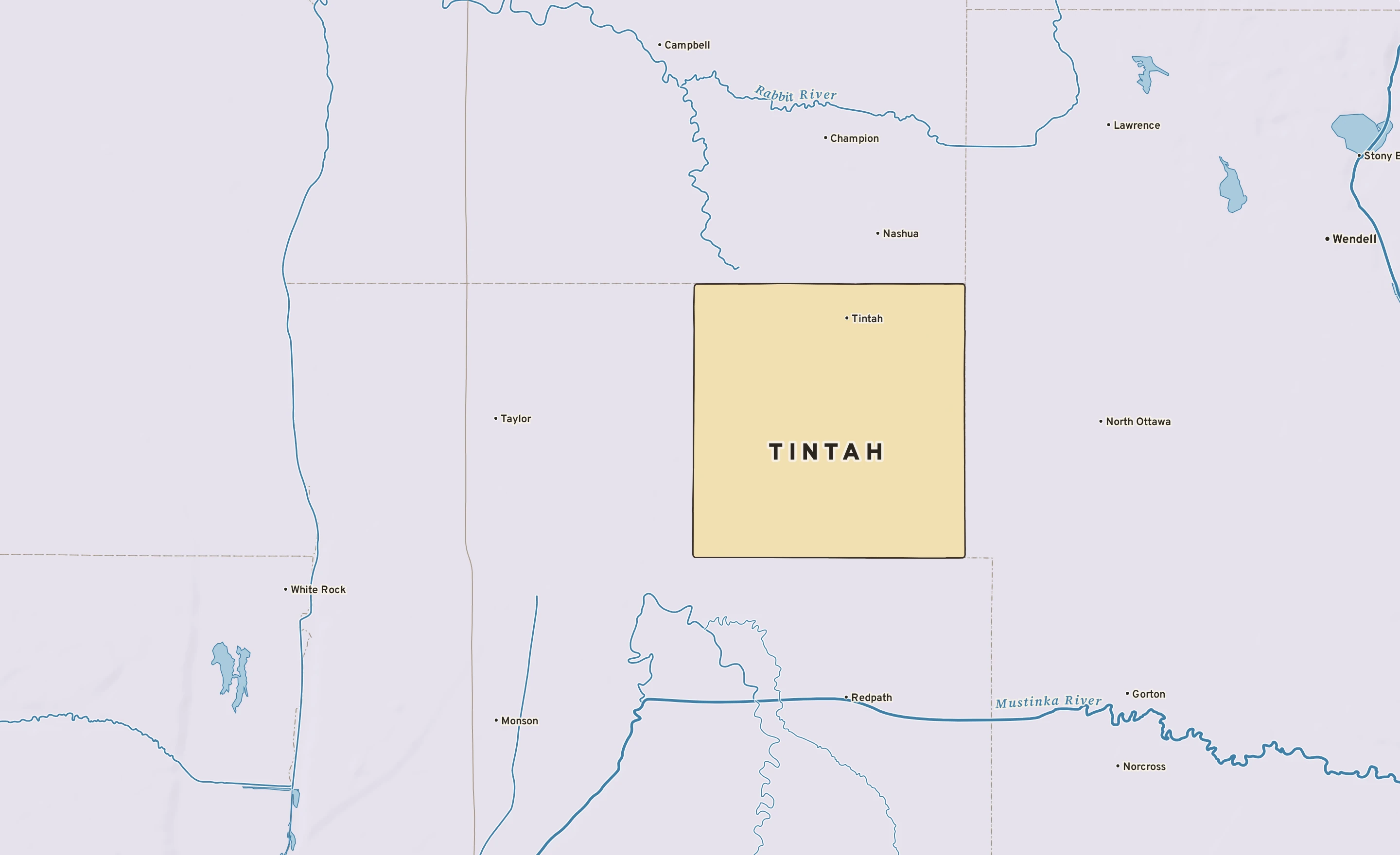 Shaded-relief atlas plate of Tintah, Minnesota: rivers, roads, the city limits and where the water drains.