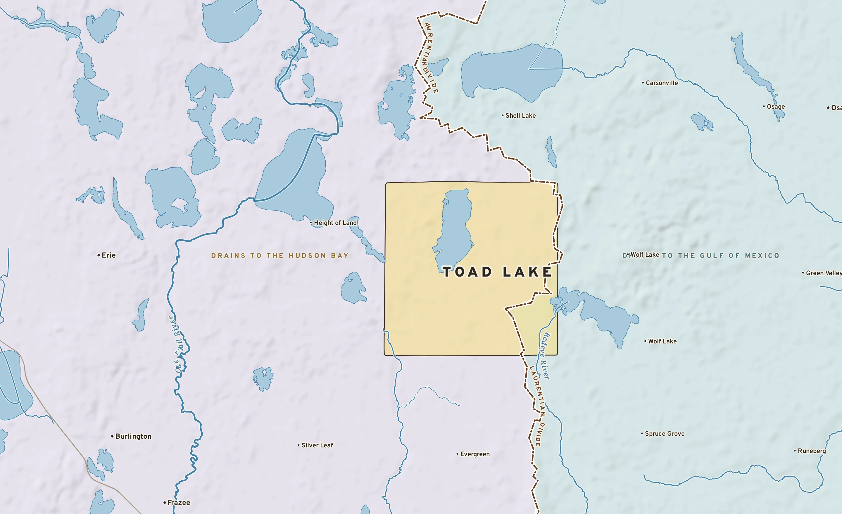 Shaded-relief atlas plate of Toad Lake, Minnesota: rivers, roads, the city limits and where the water drains.