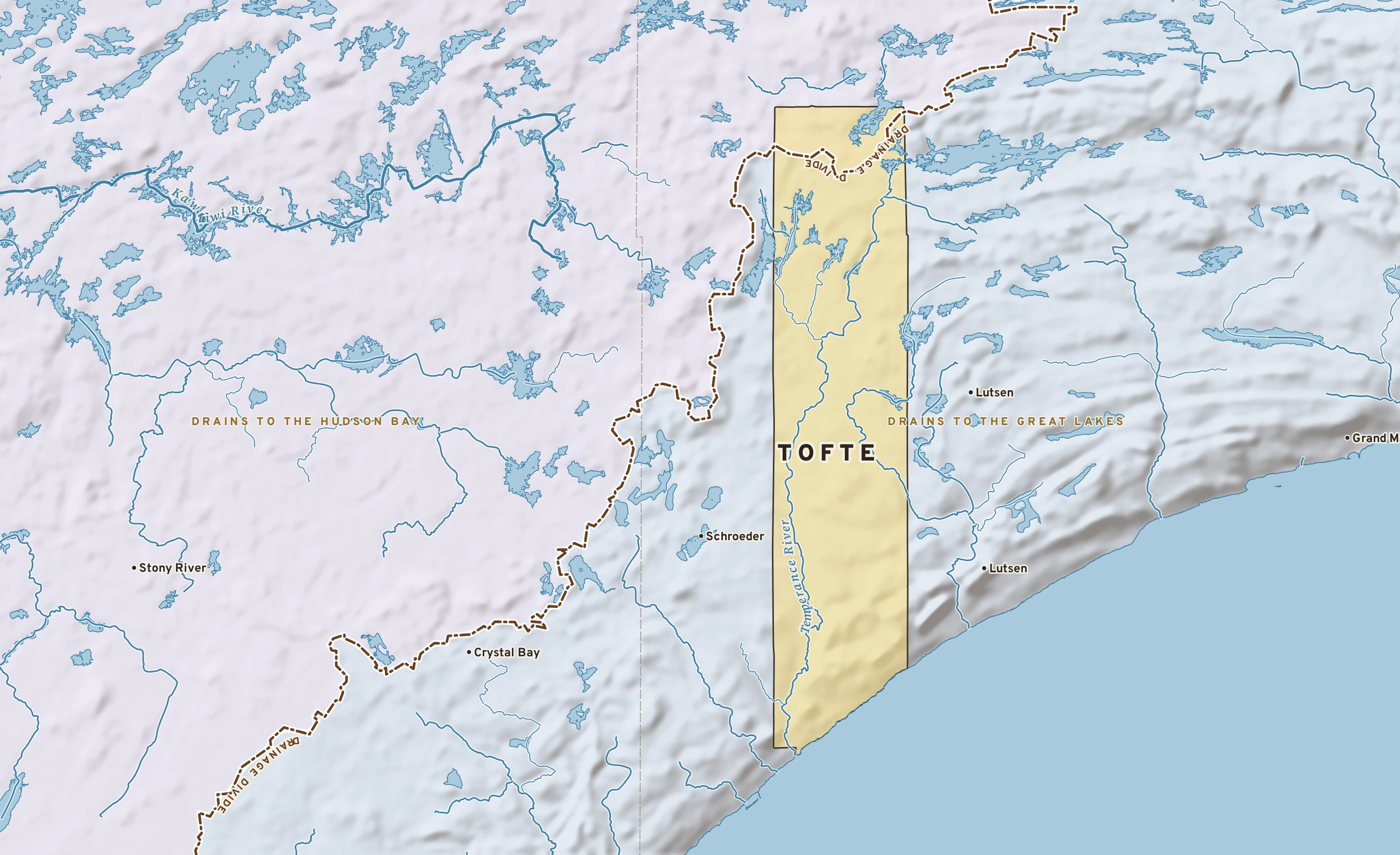 Shaded-relief atlas plate of Tofte, Minnesota: rivers, roads, the city limits and where the water drains.